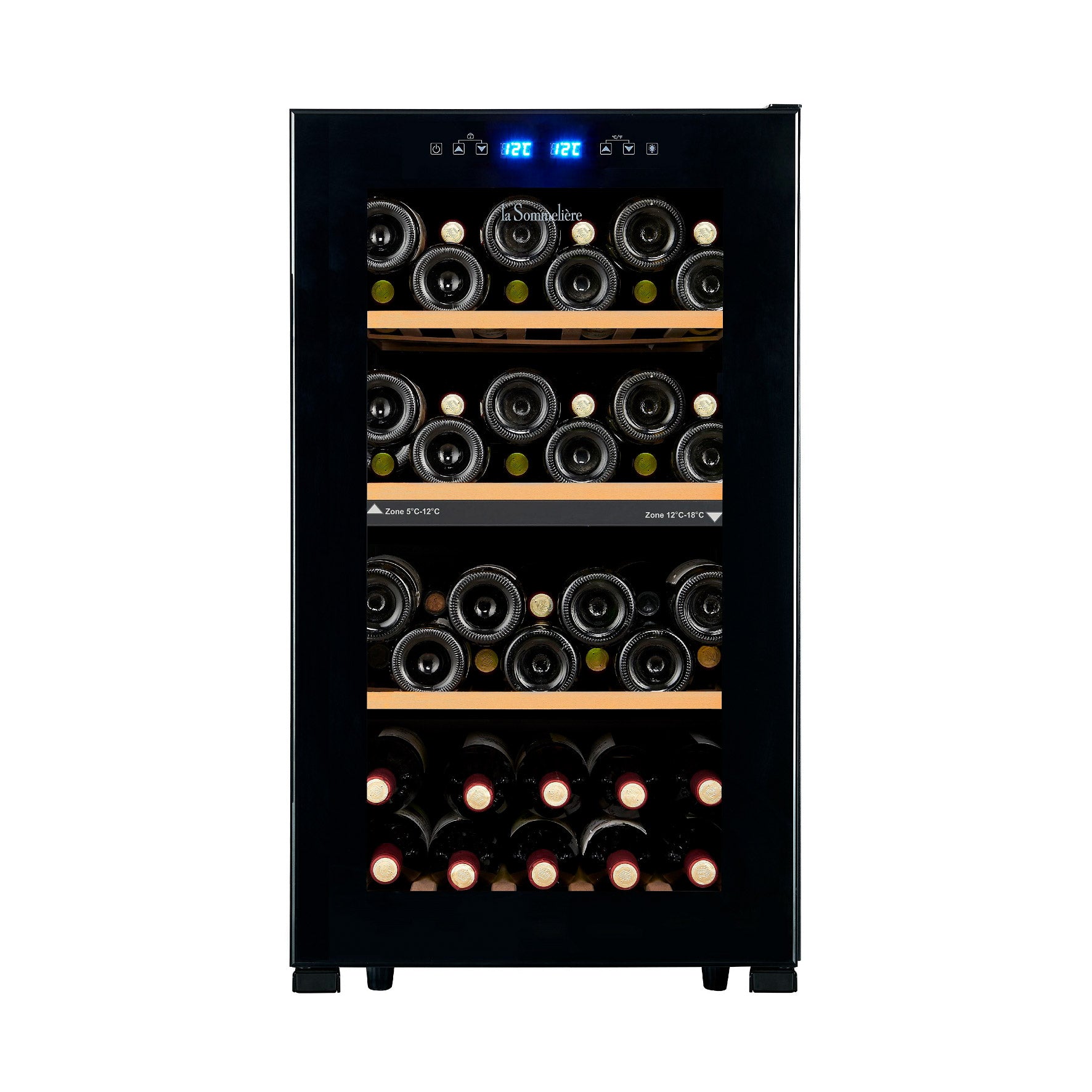 Vista de la Vinoteca 50 botellas La Sommelière LS512ZBLACK doble zona repleta de botellas en estantes de madera