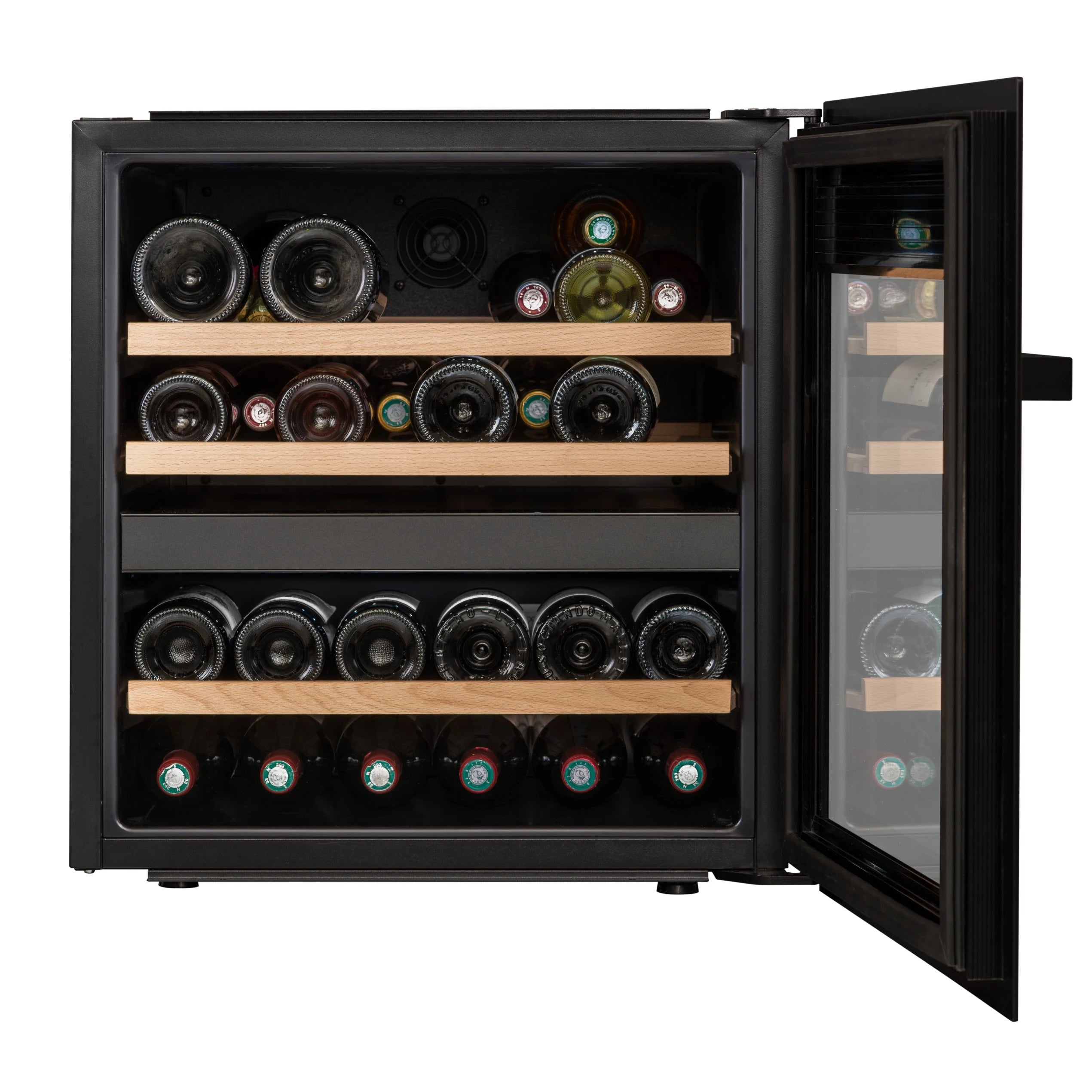 Vista de la Vinoteca 36 botellas La Sommelière LSBI36BDZ doble zona con estantes de madera llenos de botellas