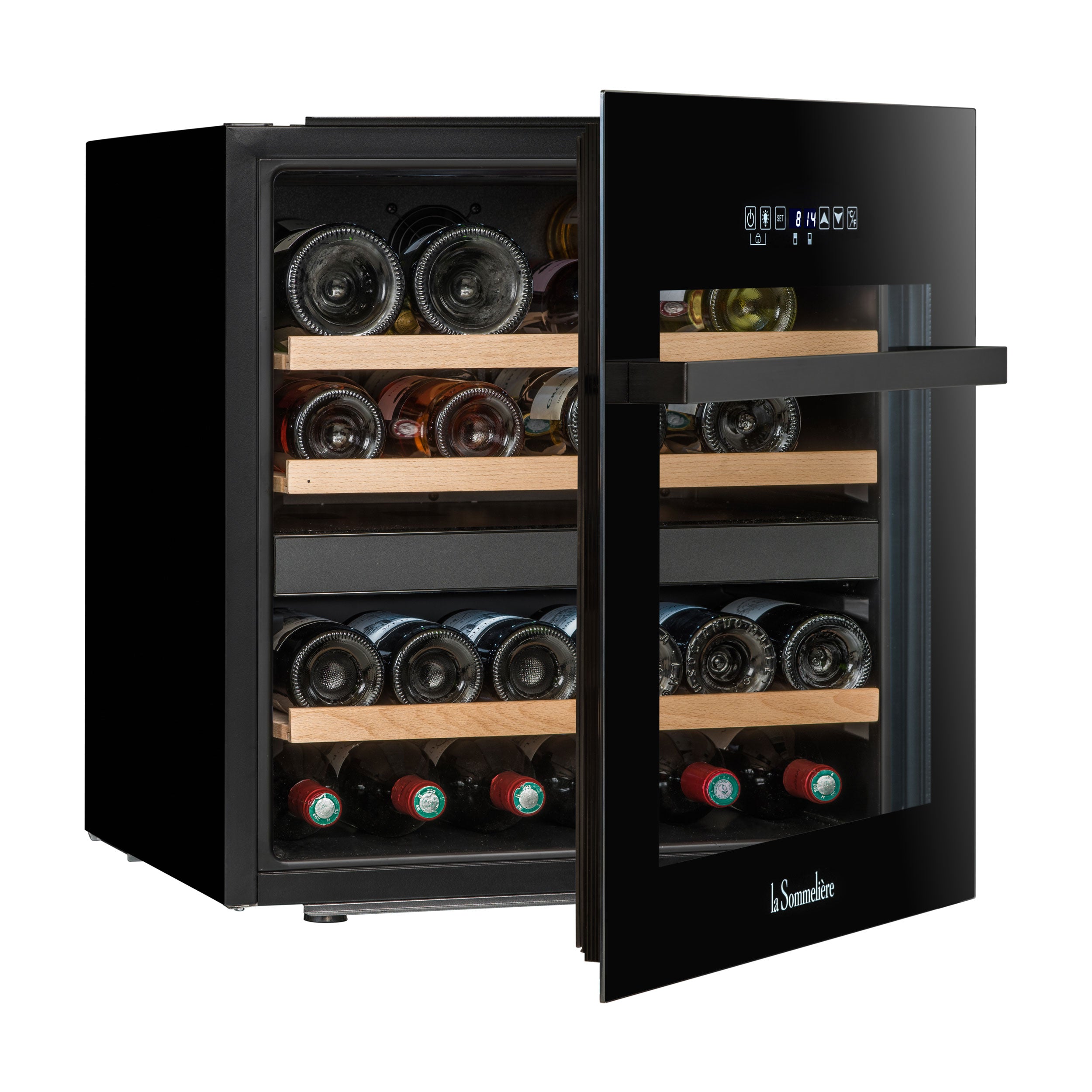 Vista de la Vinoteca 36 botellas La Sommelière LSBI36BDZ doble zona con estantes de madera llenos de botellas