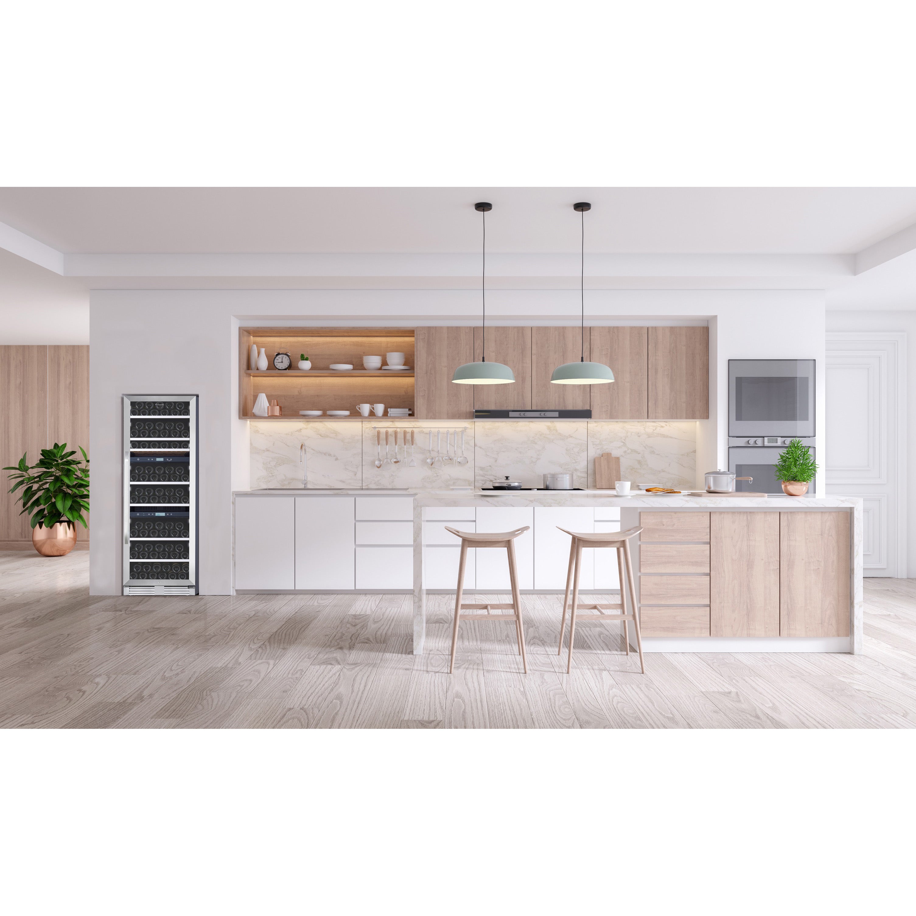 Vinoteca 143 botellas La Sommelière MT145TZ Triple zona instalada en una cocina moderna, con estantes de madera llenos de botellas.