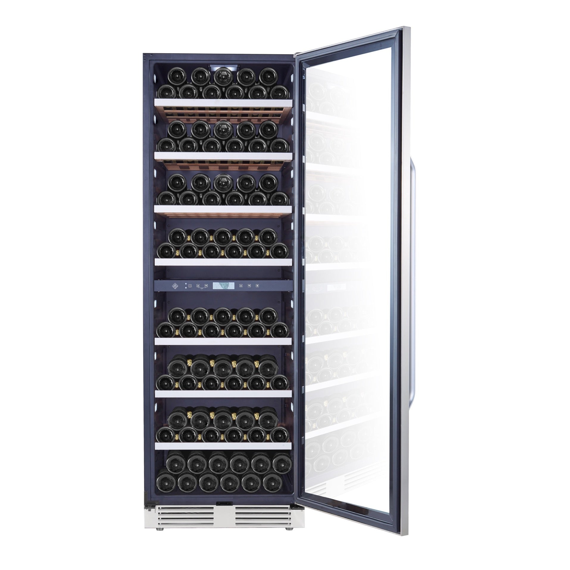 Vista de la Vinoteca 152 botellas La Sommelière MT150DZ doble zona con la puerta abierta, completamente abastecida con botellas de vino