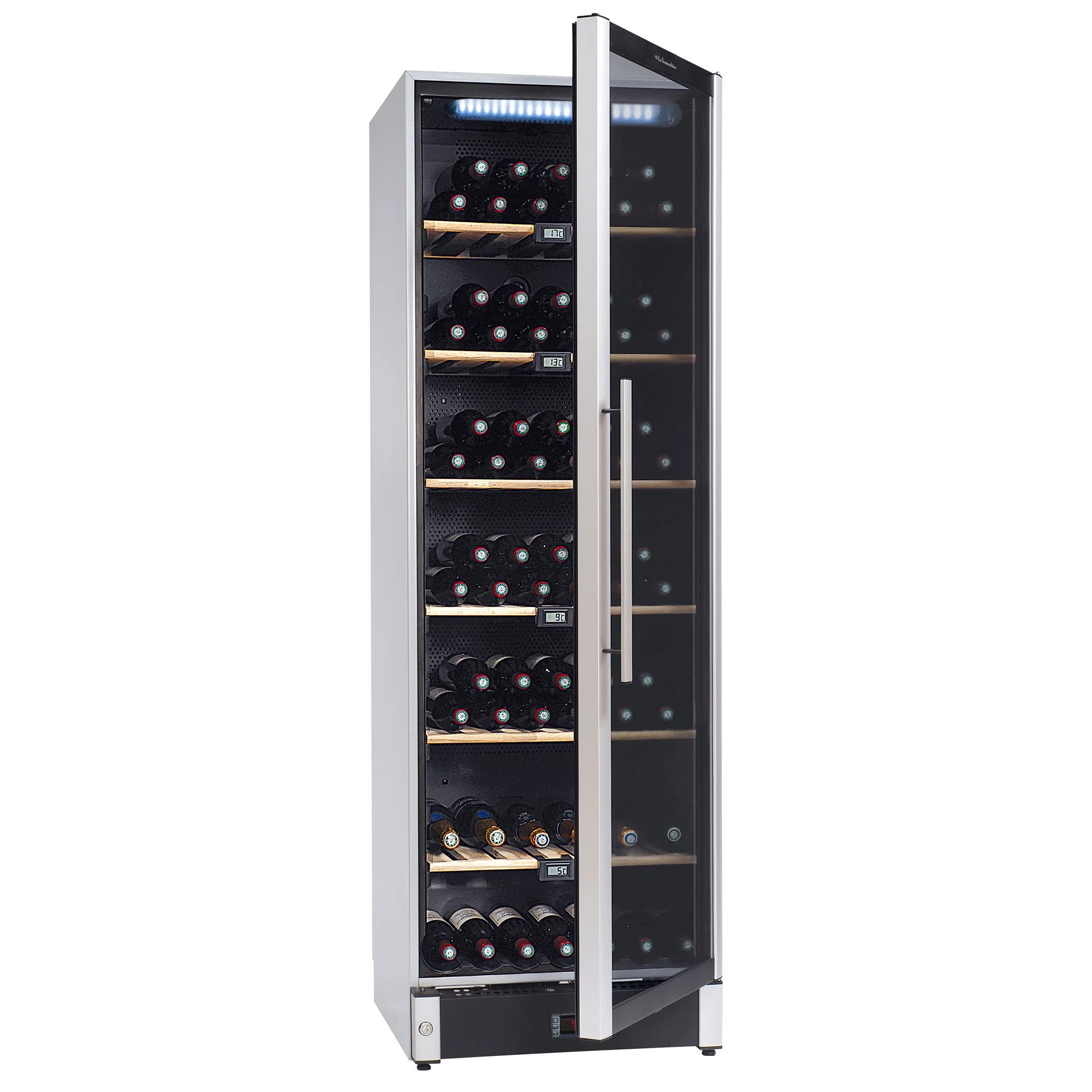 Vinoteca vertical La Sommelière VIP185 de acero inoxidable con puerta de cristal parcialmente abierta, mostrando múltiples estantes de madera con botellas de vino organizadas horizontalmente