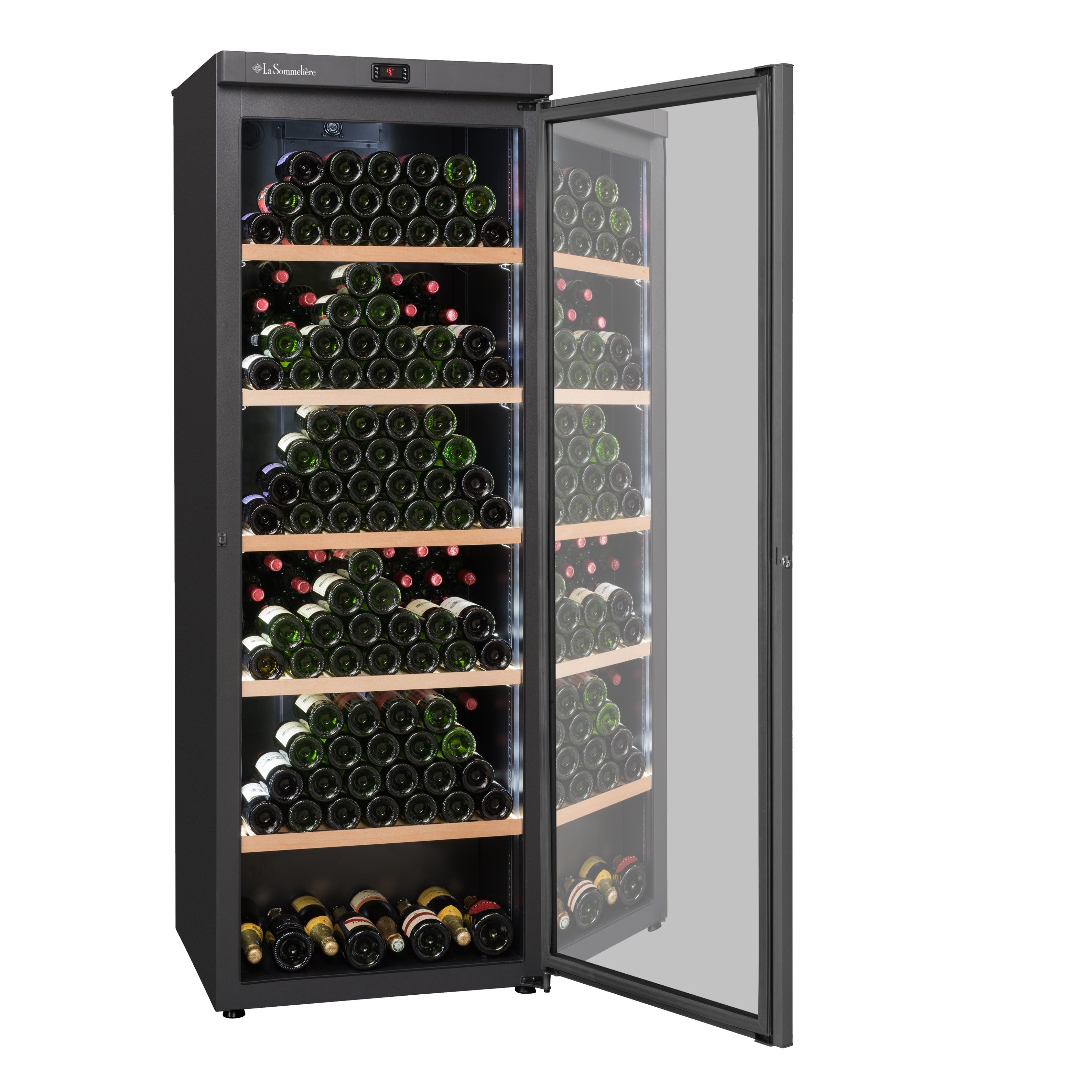 Vista de la Vinoteca 325 botellas La Sommelière VIP330VBLACK Triple zona cargada de botellas de vino tinto y blanco