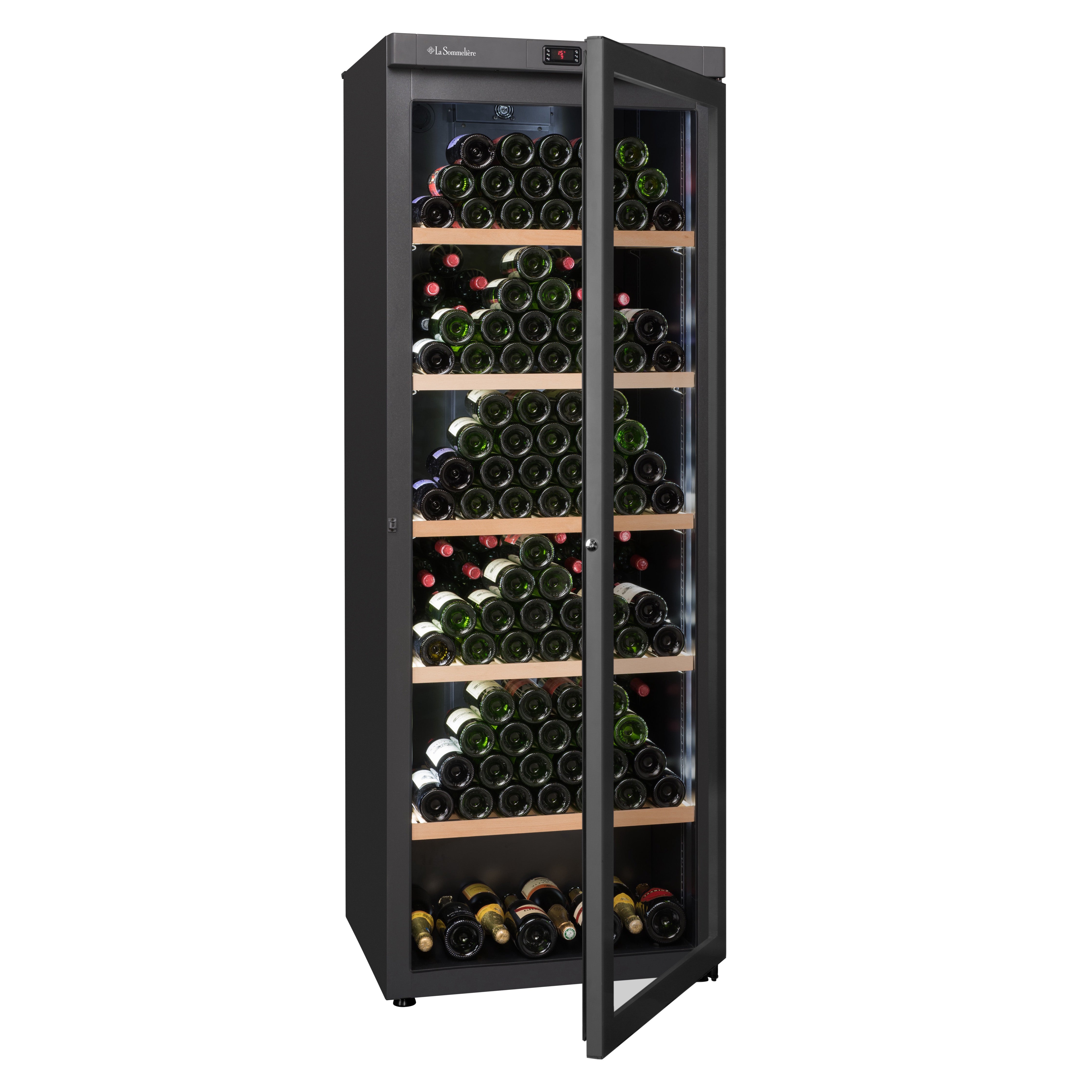 Vista de la Vinoteca 325 botellas La Sommelière VIP330VBLACK Triple zona completamente abastecida con botellas de vino