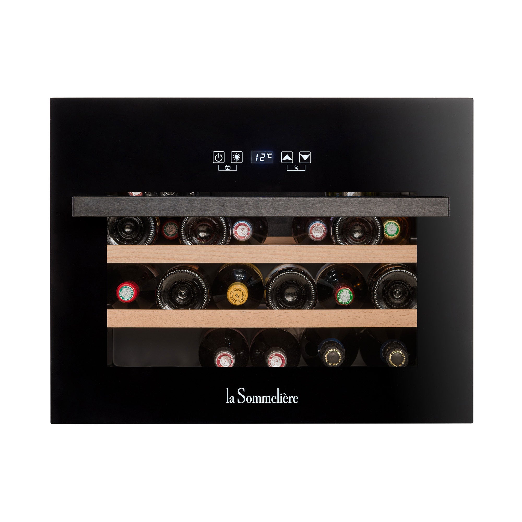 Vista de la Vinoteca 28 botellas La Sommelière LSBI28B cargada de botellas de vino tinto y blanco