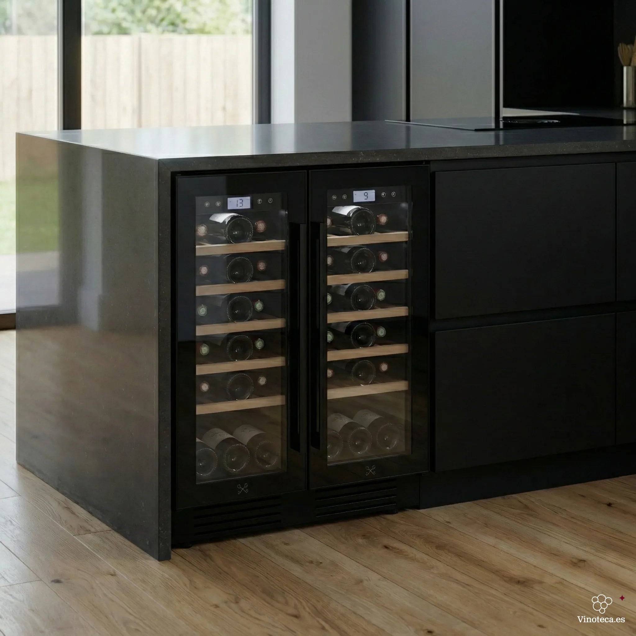 Vinoteca doble zona Les Petits Champs CAVCEDB42 integrada bajo encimera en cocina moderna, con puertas de cristal, estantes de madera y botellas visibles en ambos compartimentos.