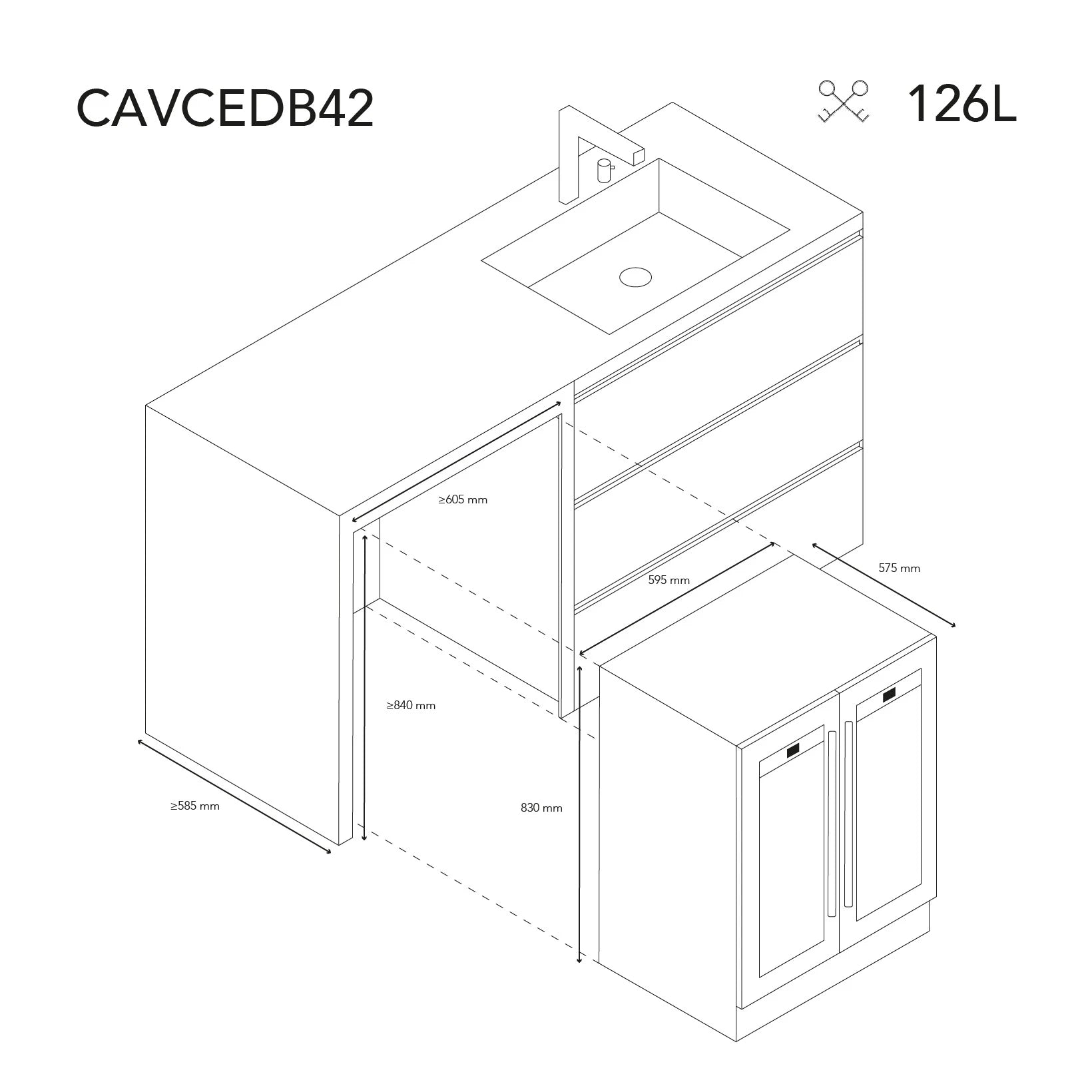 Esquema técnico de instalación del modelo CAVCEDB42 bajo encimera, con medidas del hueco (≥605 mm ancho, ≥840 mm alto, ≥585 mm fondo) y dimensiones del aparato (595 mm ancho, 830 mm alto, 575 mm fondo), capacidad 126 L.