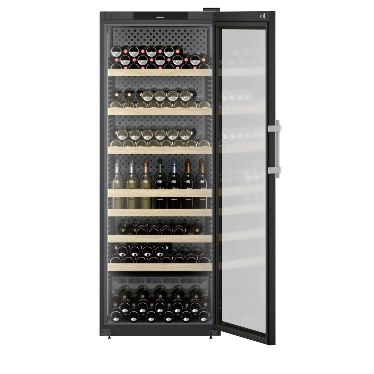 Vinoteca Liebherr GrandCru Perfection 284 botellas WFbli 7741 vista frontal con puerta abierta llena de botellas de vino
