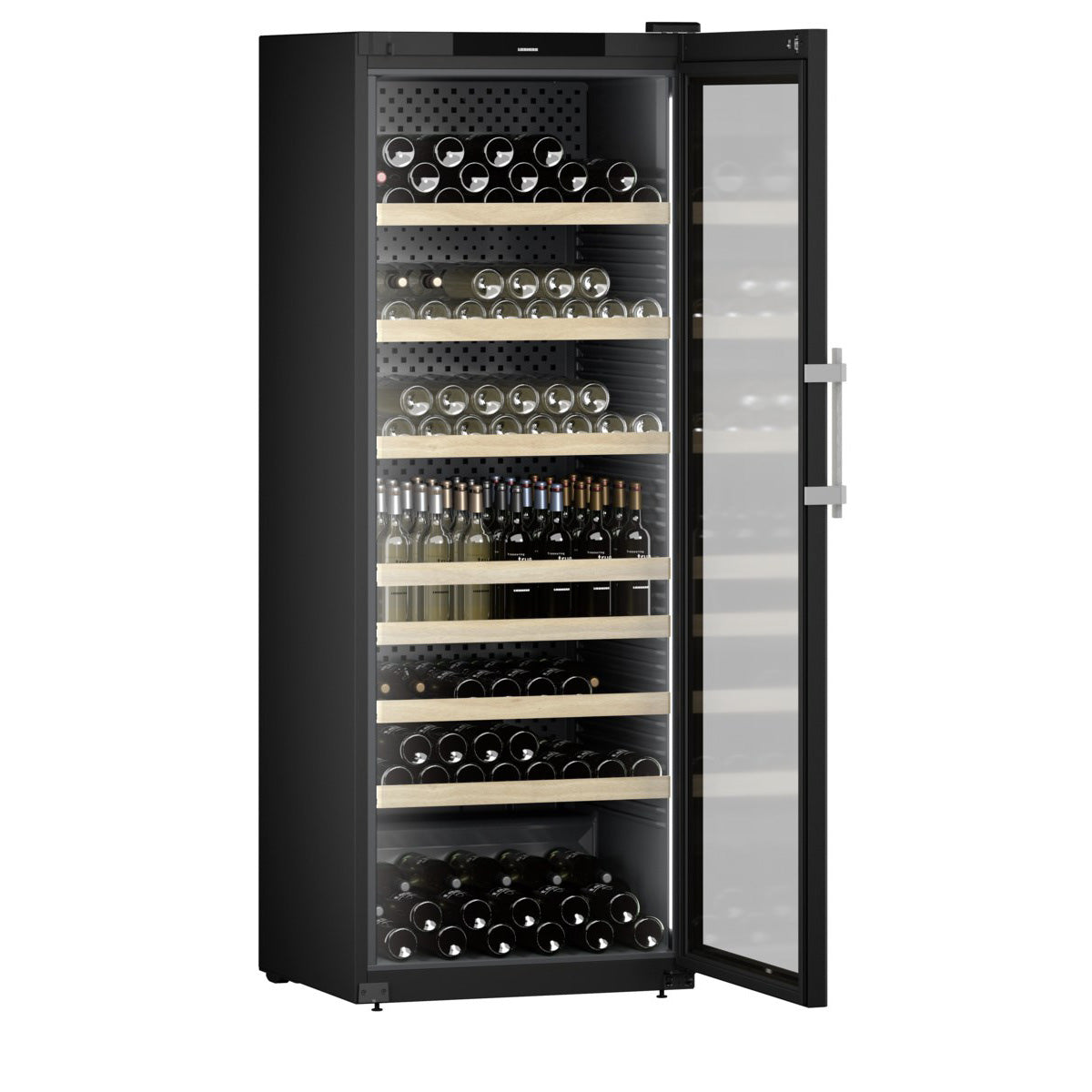 Vinoteca Liebherr GrandCru Perfection 284 botellas WFbli 7741 vista lateral con puerta abierta llena de botellas de vino