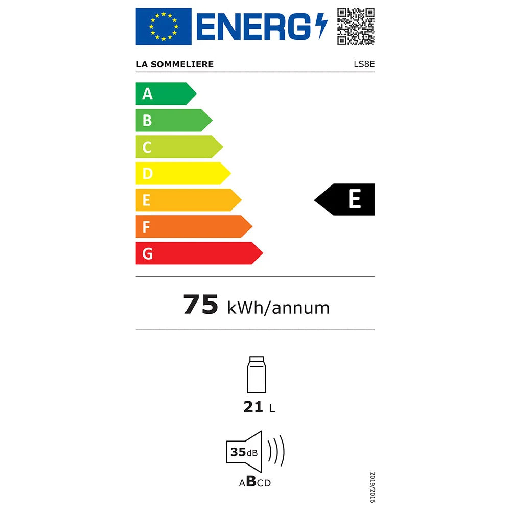Etiqueta energética de la Vinoteca 8 botellas La Sommelière LS8E con detalles de consumo y clasificación.