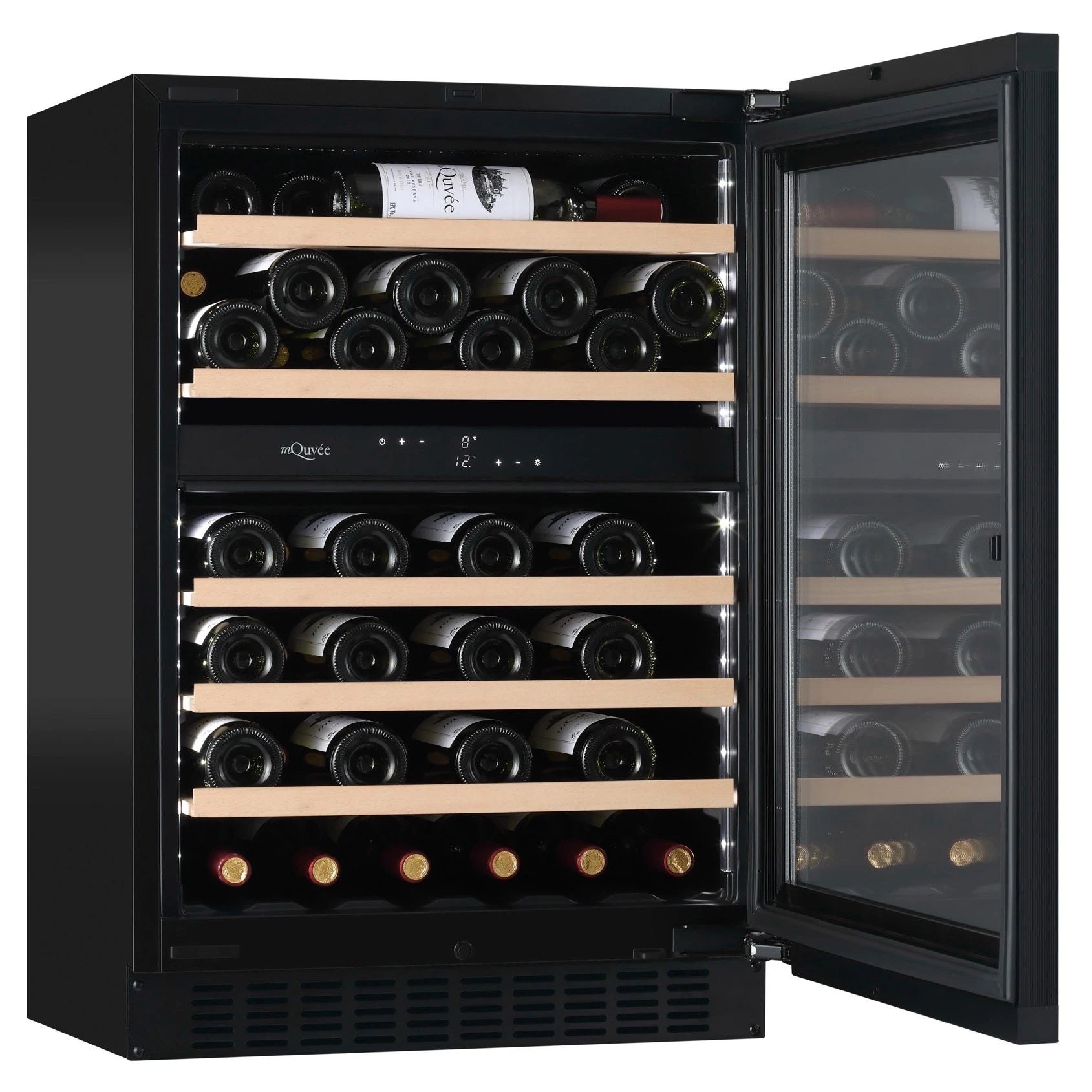 Detalle interior de la vinoteca mQuvée WineCave Exclusive 780 60D con botellas