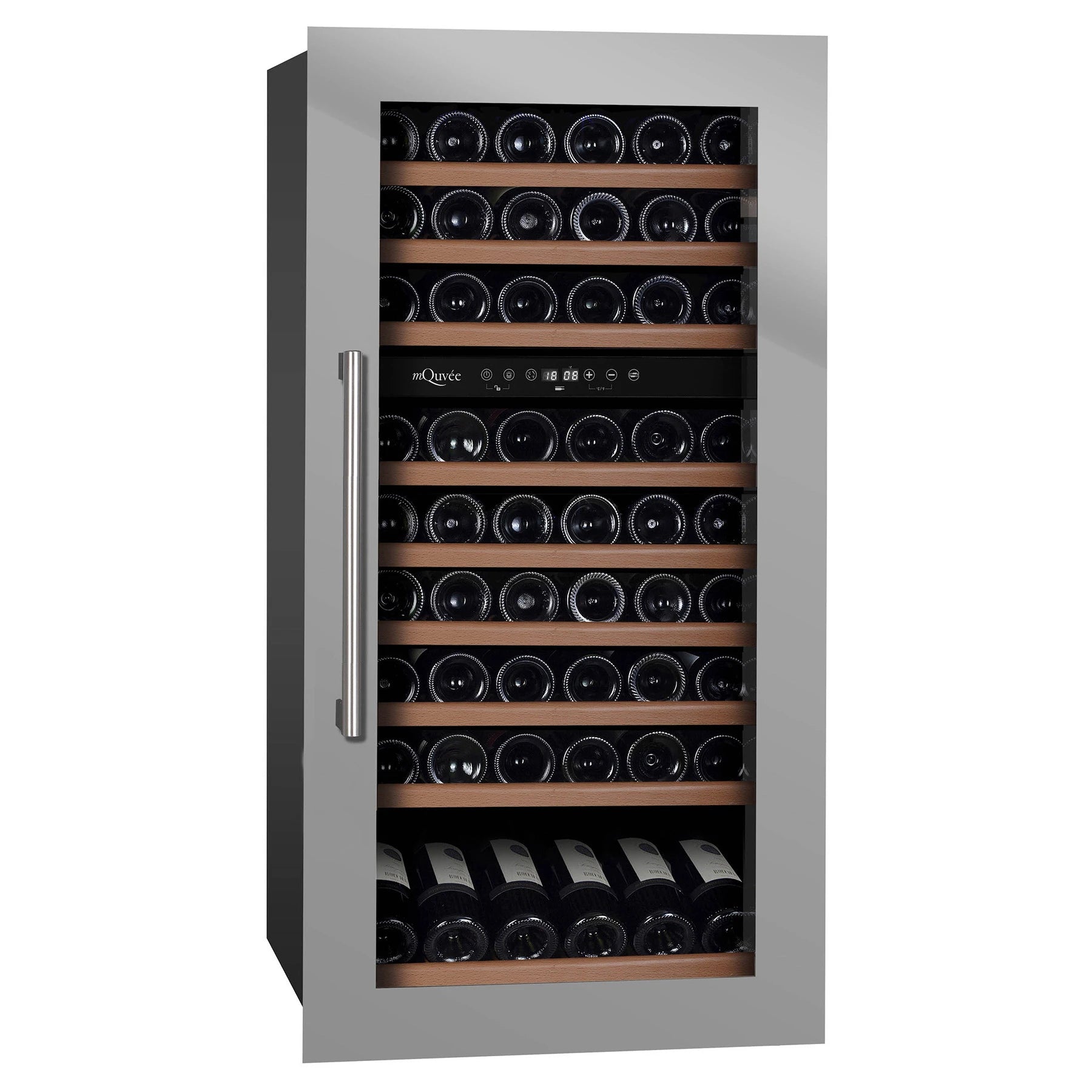 Vista de la puerta de acero inoxidable de la vinoteca mQuvée WineKeeper 70D