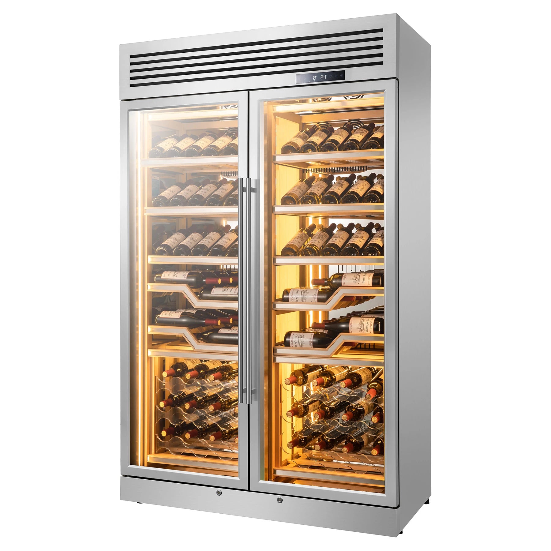 Vinoteca La Sommeliere ELISEE de 144 botellas, vista interior con estantes modulares de madera y frontal inox.