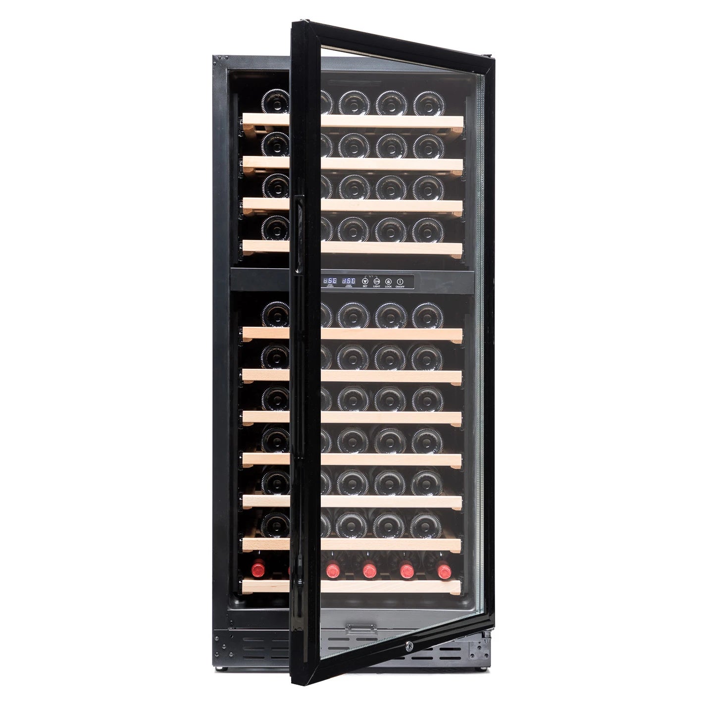 Vinoteca Vinobox V110 GC 2T Black de doble zona con acabado negro y estantes de madera.
