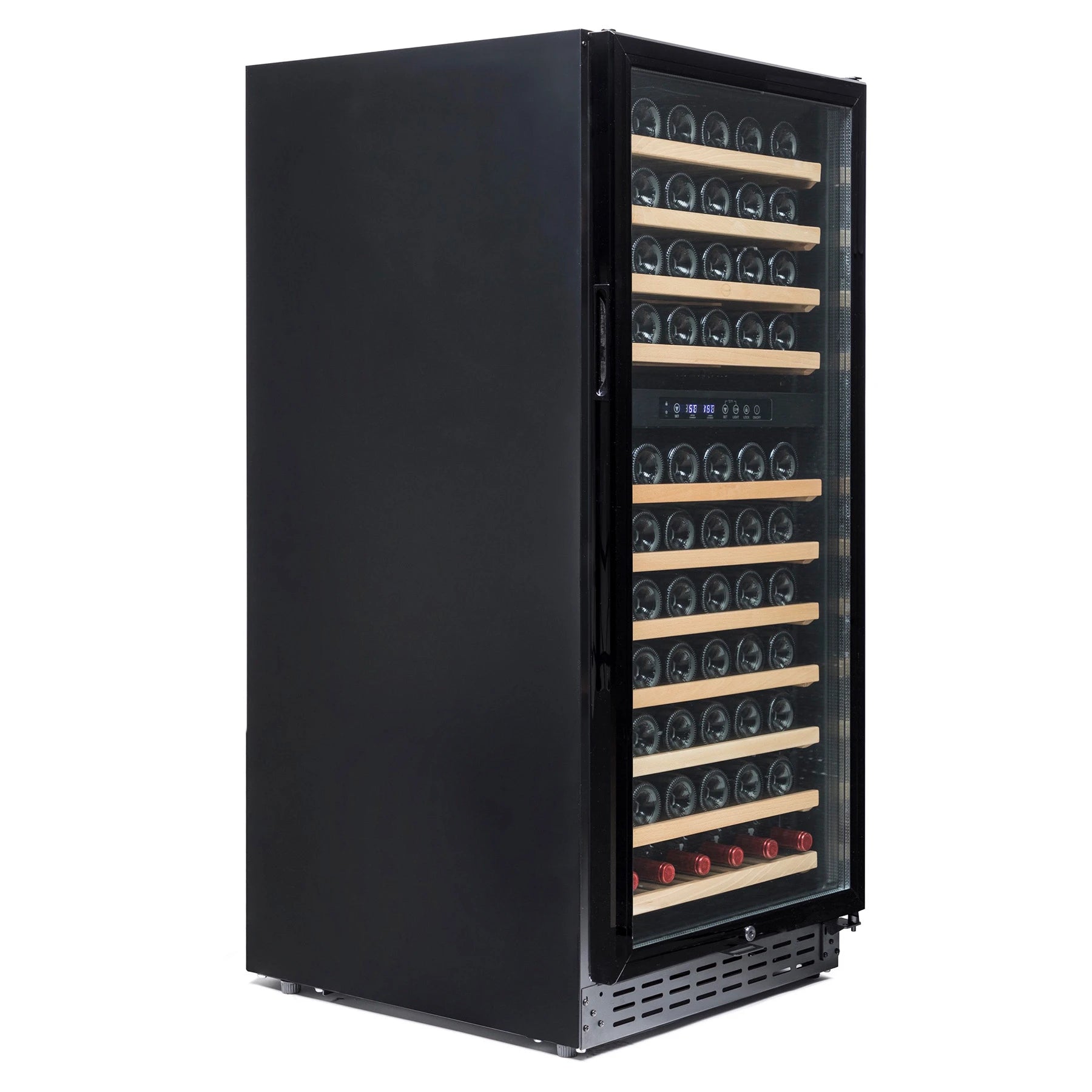 Interior de la vinoteca Vinobox V110 GC 2T Black con capacidad para 111 botellas.