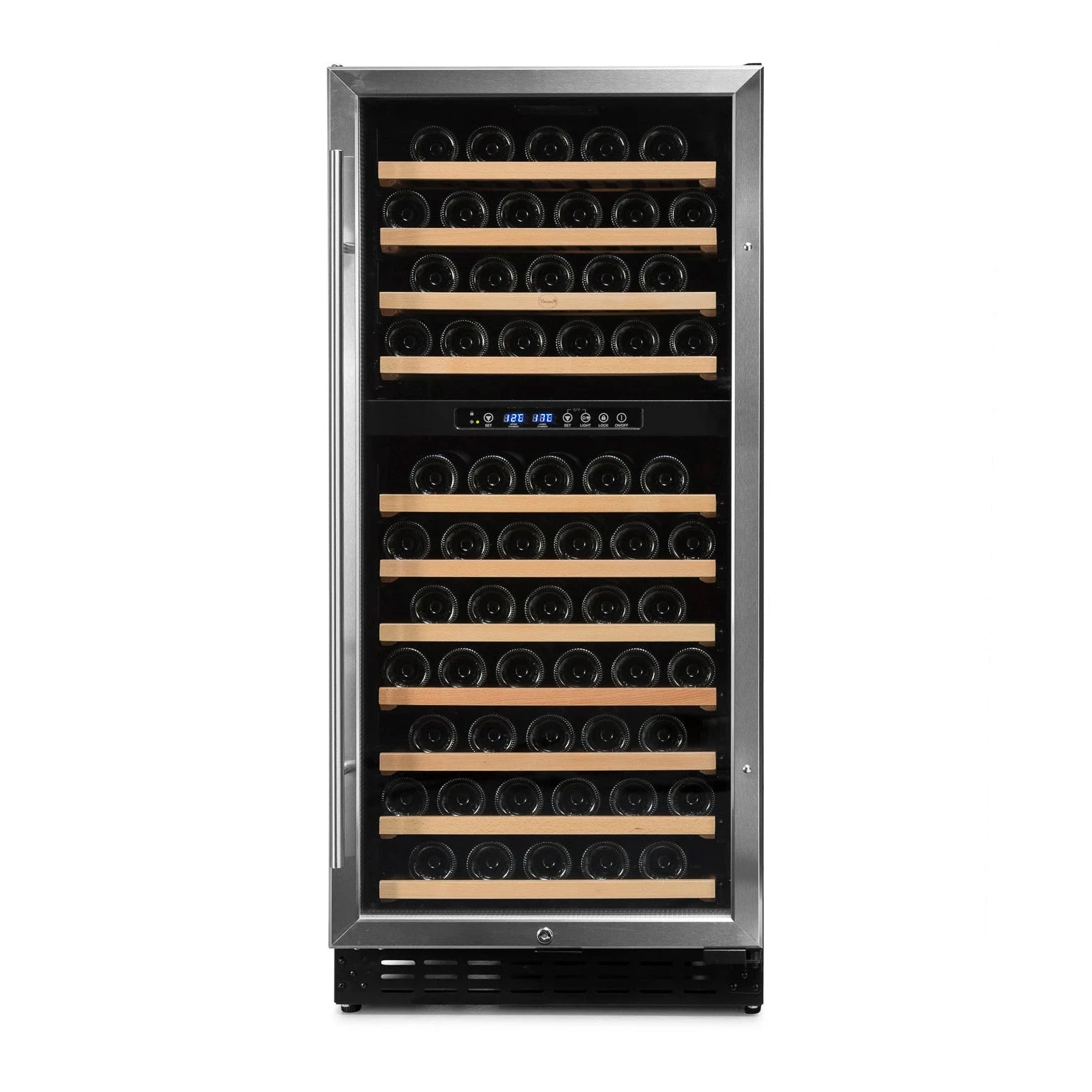 Vinoteca Vinobox V110 GC 2T Inox de 116 botellas con doble zona y acabado en acero inoxidable.