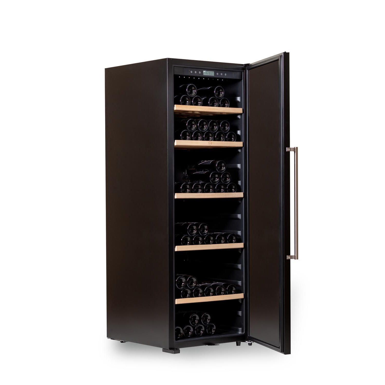 Vinoteca 192 botellas V192 PRO Aging vista lateral con puerta abierta y botellas de vino