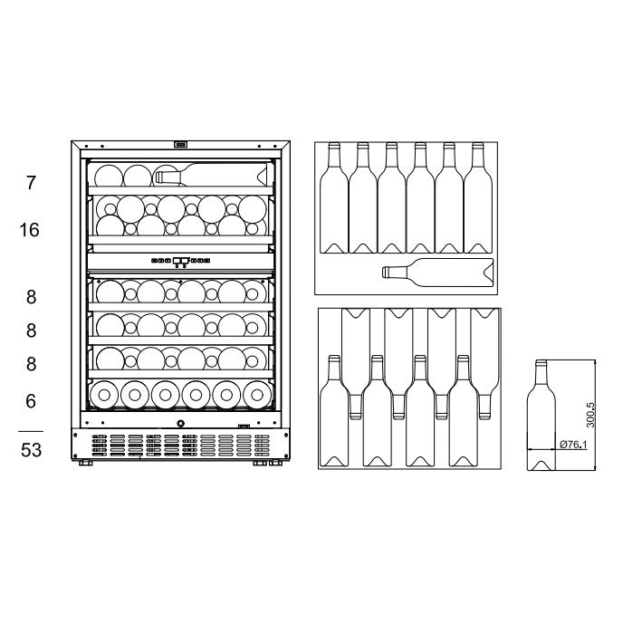 Vinoteca 53 botellas mQuvée WineCave Exclusive 780 60D Panel Ready diagrama de capacidad