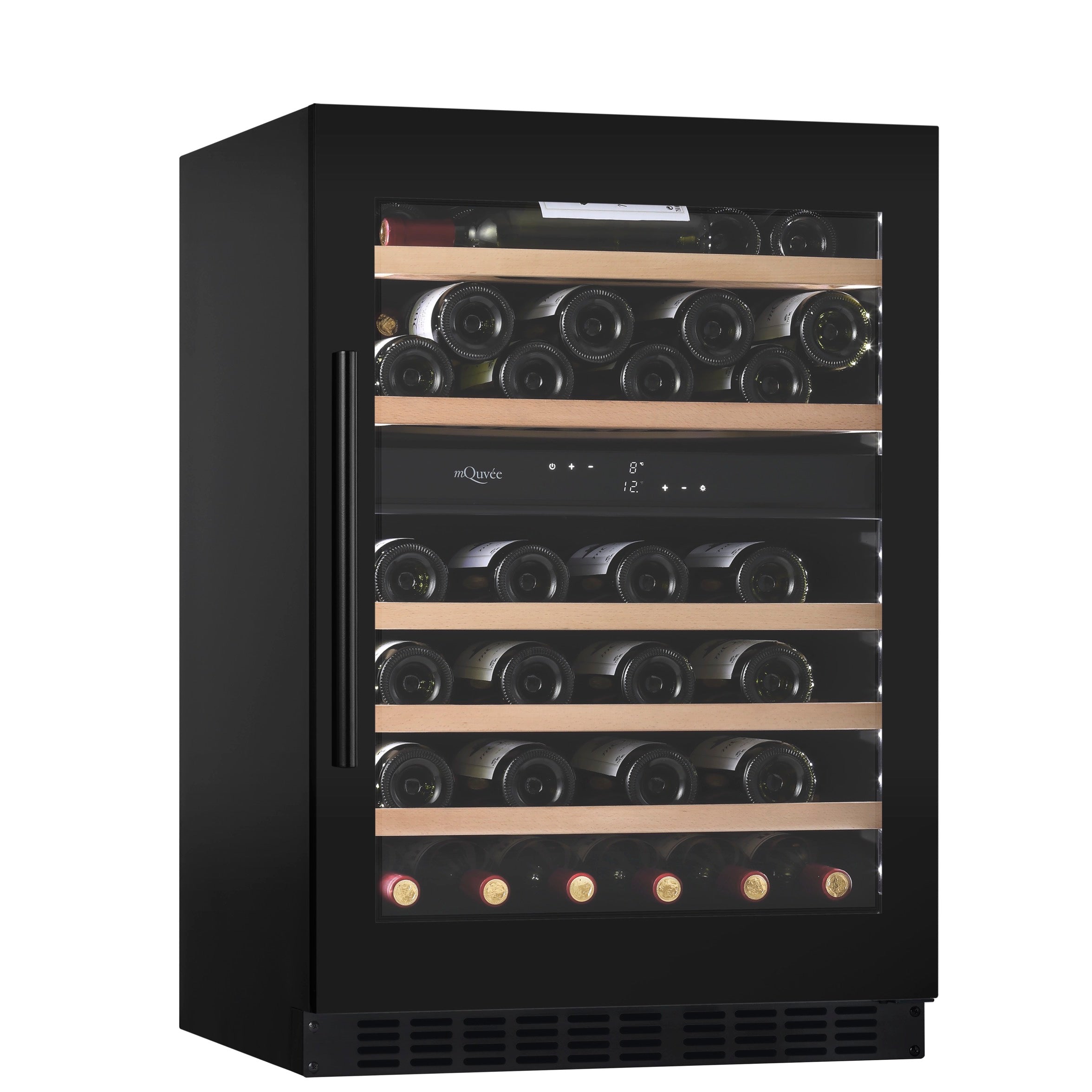 Vinoteca 53 botellas mQuvée WineCave 800 60D Fullglass vista lateral con puerta cerrada y llena de botellas de vino