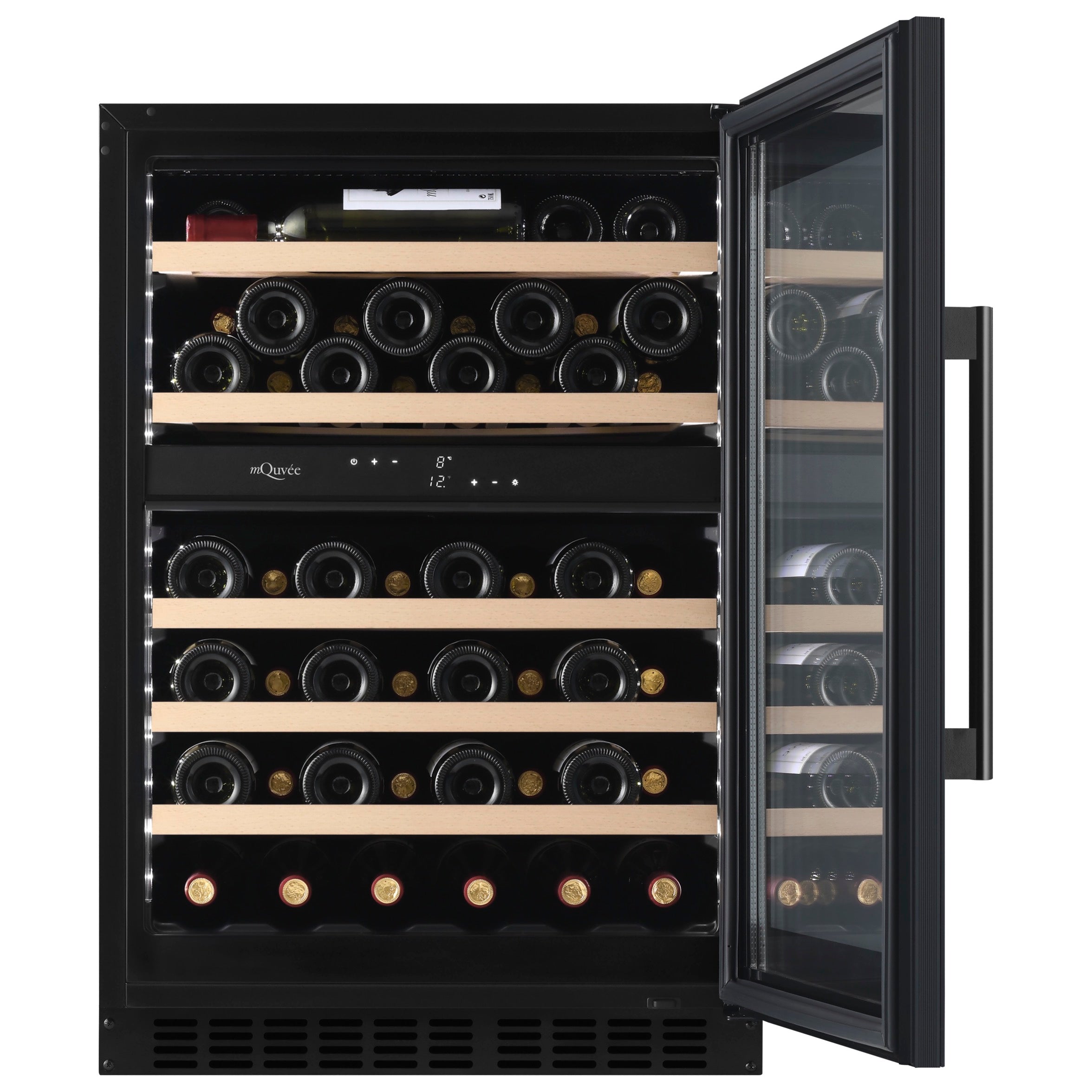 Vinoteca 53 botellas mQuvée WineCave 800 60D Fullglass vista frontal con puerta abierta llena de botellas de vino