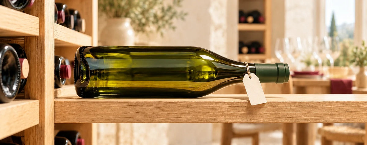 Botella de vino con etiqueta de papel, tumbada sobre madera clara en un espacio luminoso con copas al fondo.