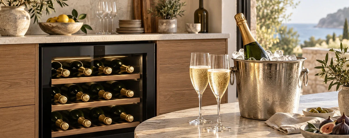 Vinoteca con botellas de cava y champagne junto a una cubitera y dos copas de espumoso