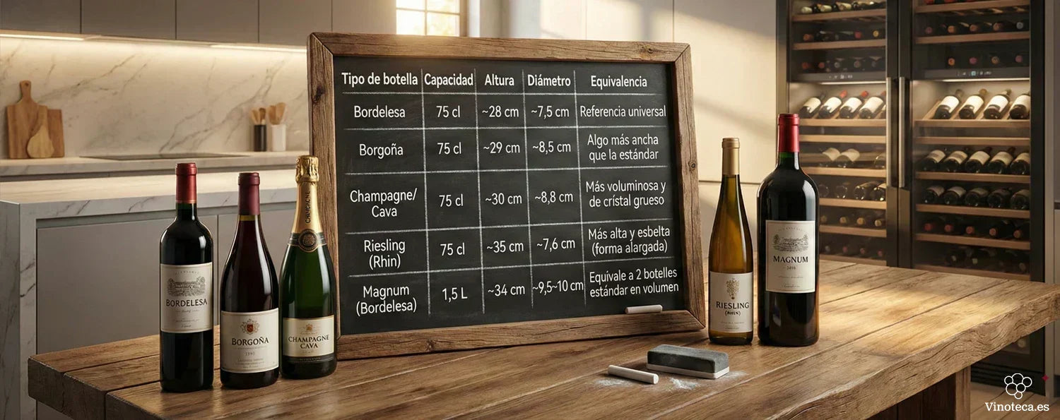 Imagen que informa sobre los distintos tamaños de las botellas de vino
