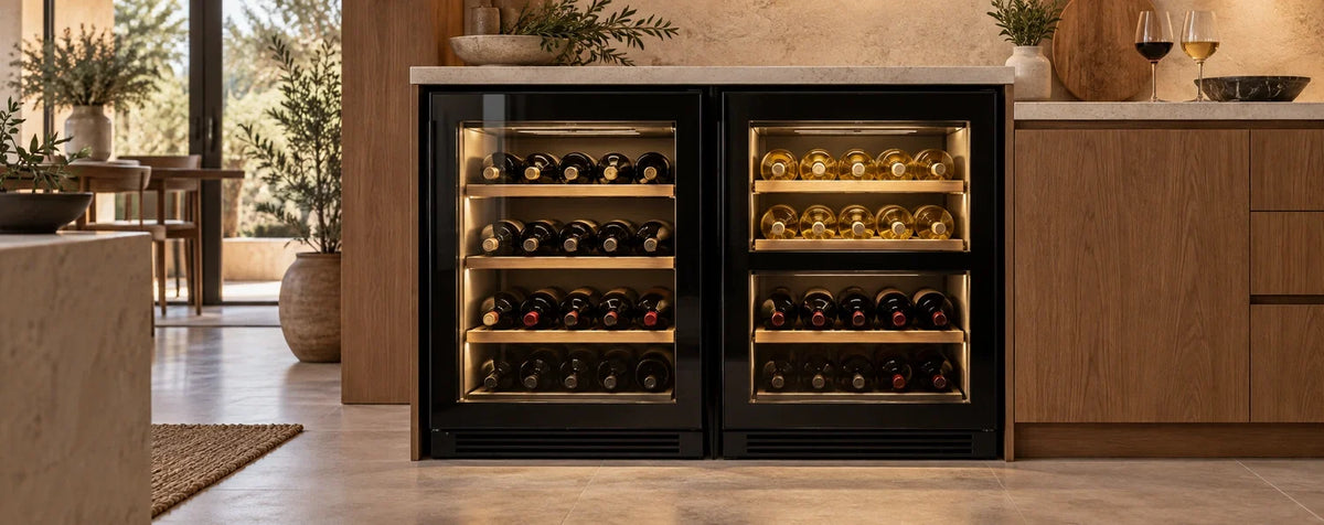 Vinotecas de una y dos zonas en una cocina, con botellas y copas de vino blanco y tinto