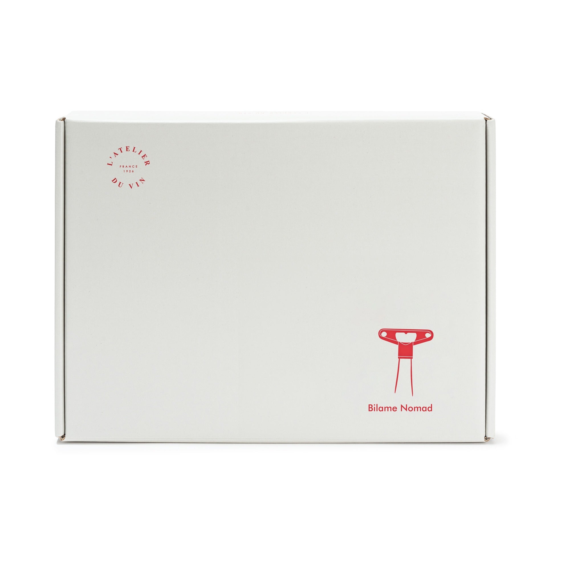 Caja de embalaje del Bilame Nomad de L'Atelier du Vin en blanco con logo e icono en rojo