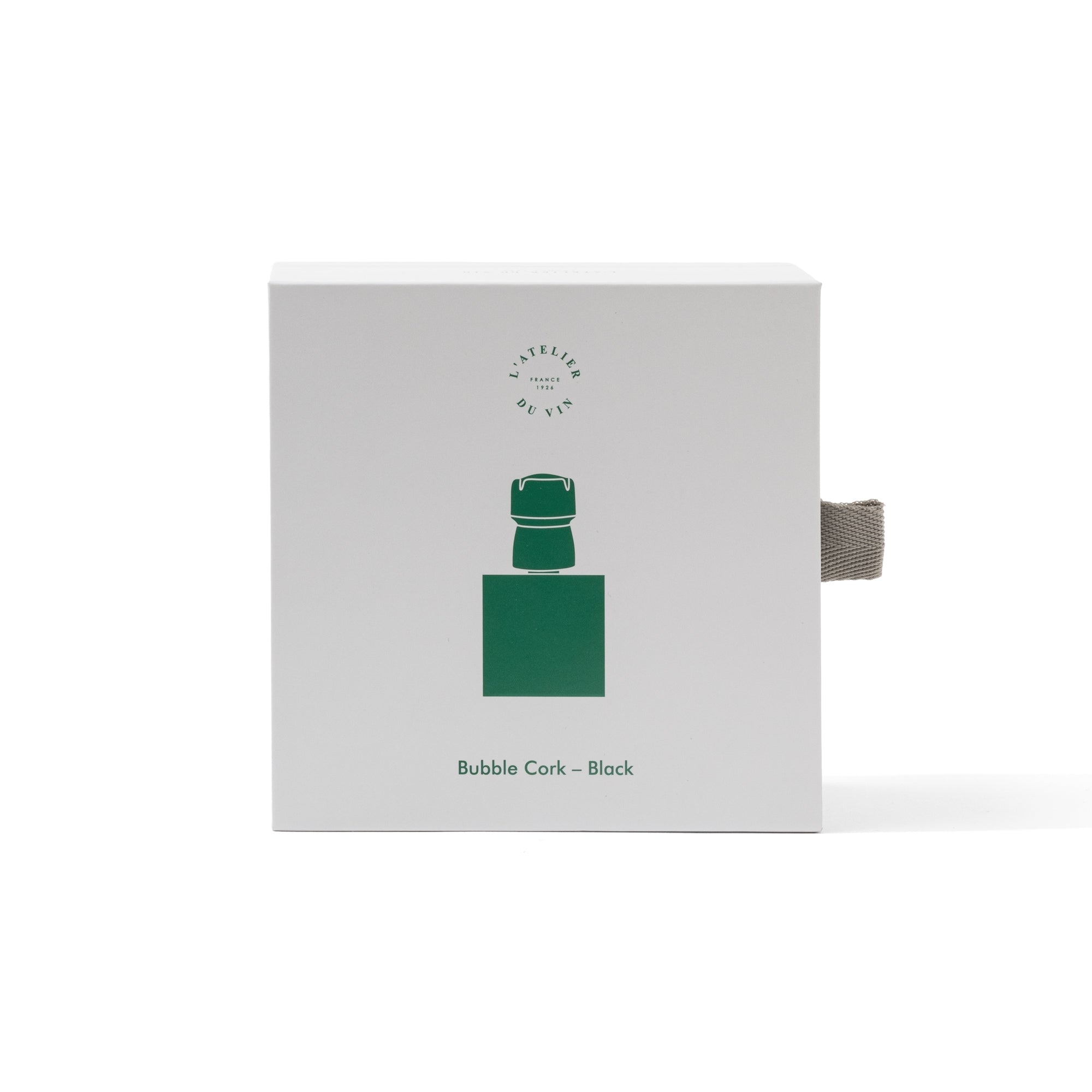 Caja de regalo cerrada del L'Atelier du Vin Bubble Cork Black con ilustración verde y logo frontal