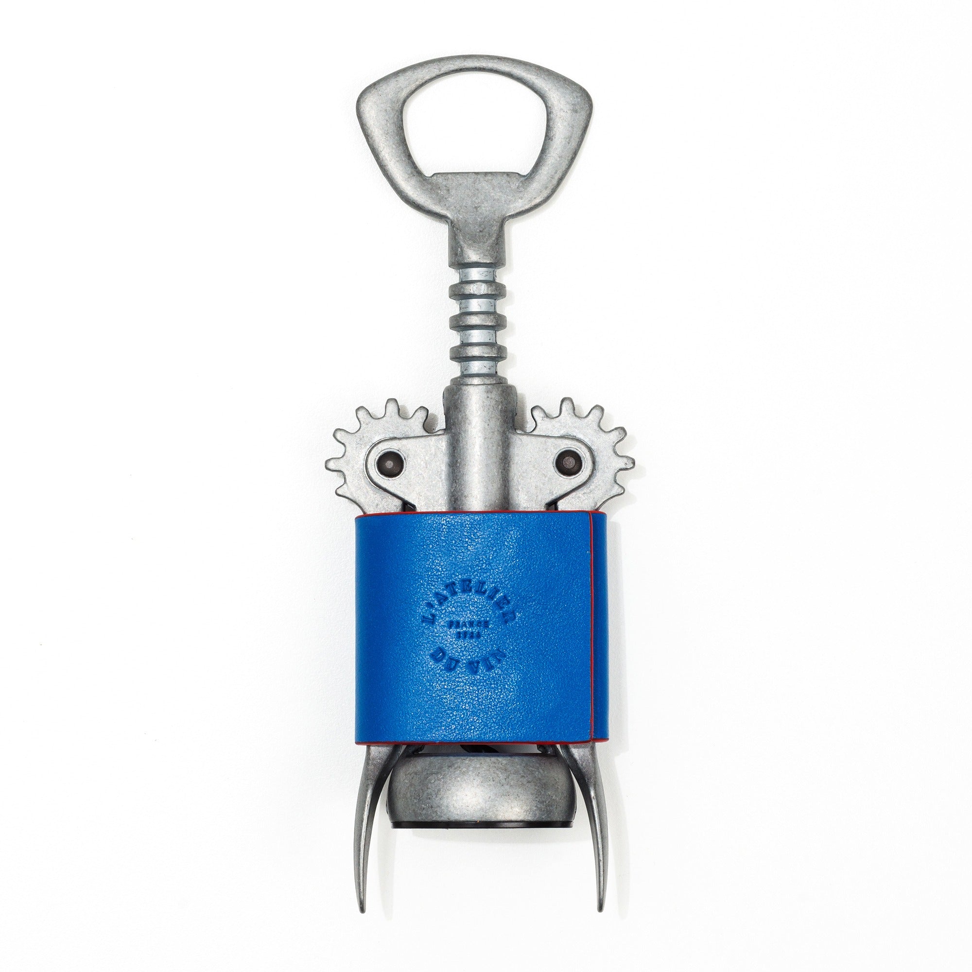 Sacacorchos tire-bouchon Les Bons Amis de L'Atelier du Vin con funda azul, vista frontal ensamblado
