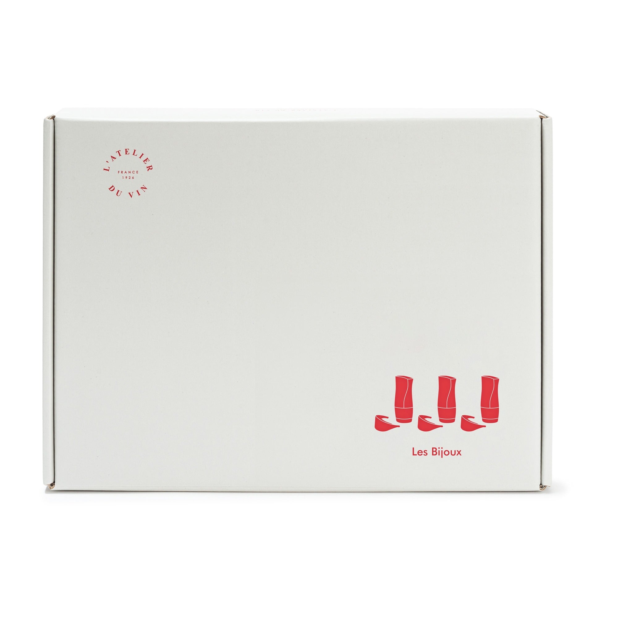 Caja de regalo del set Les Bijoux de L'Atelier du Vin con ilustraciones rojas de tapones, fondo blanco