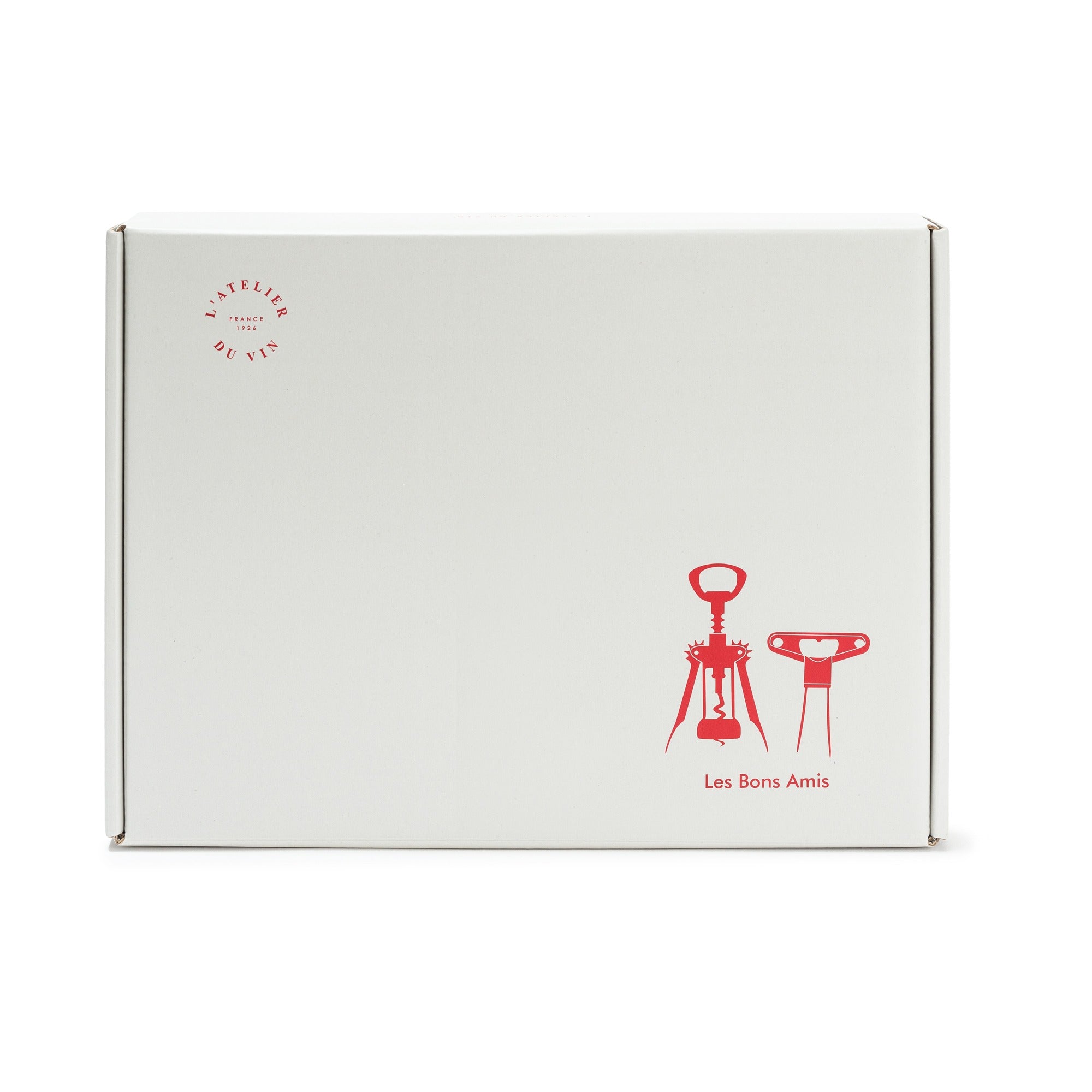 Caja de presentación cerrada del set Les Bons Amis de L'Atelier du Vin con ilustraciones rojas sobre fondo blanco