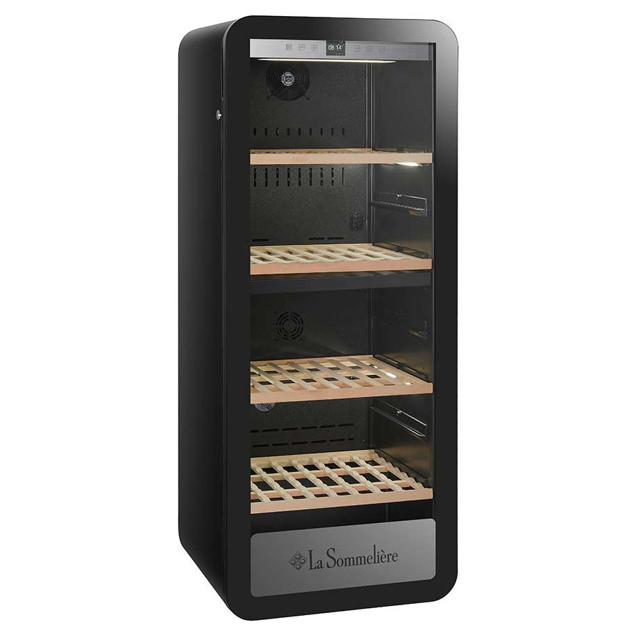 Vista de la Vinoteca 143 botellas La Sommelière APOGEE 145DZ doble zona con estantes de madera llenos de botellas