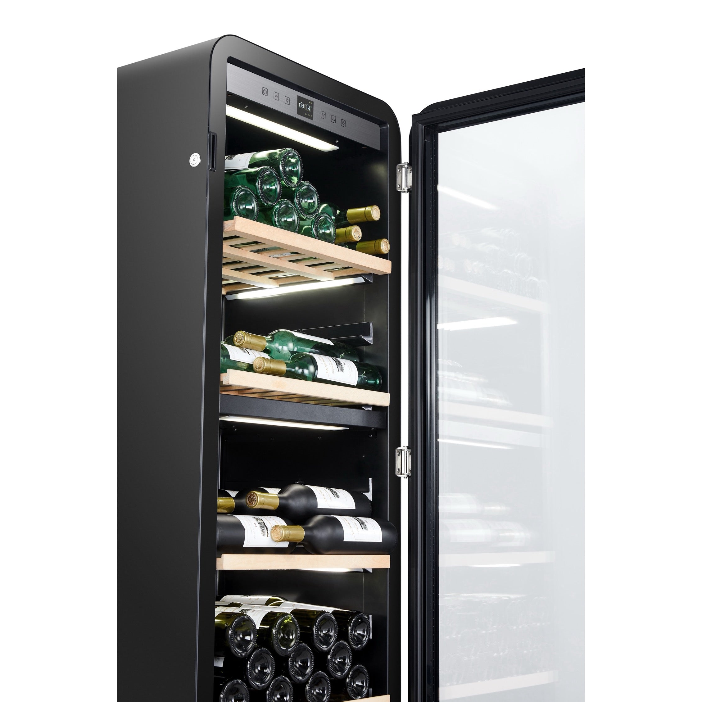 Vista de la Vinoteca 143 botellas La Sommelière APOGEE 145DZ doble zona cargada de botellas de vino tinto y blanco