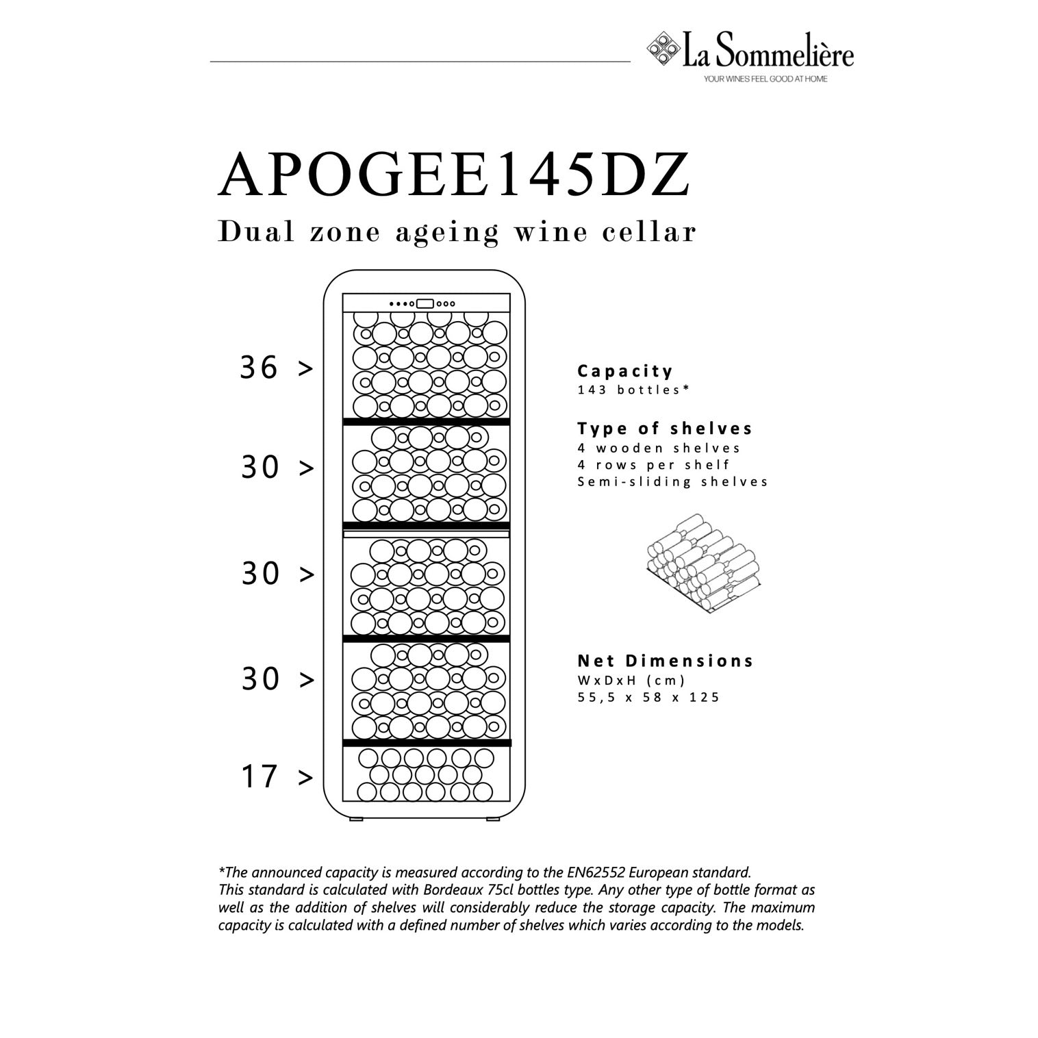 Vista de la Vinoteca 143 botellas La Sommelière APOGEE 145DZ doble zona con estantes de madera llenos de botellas