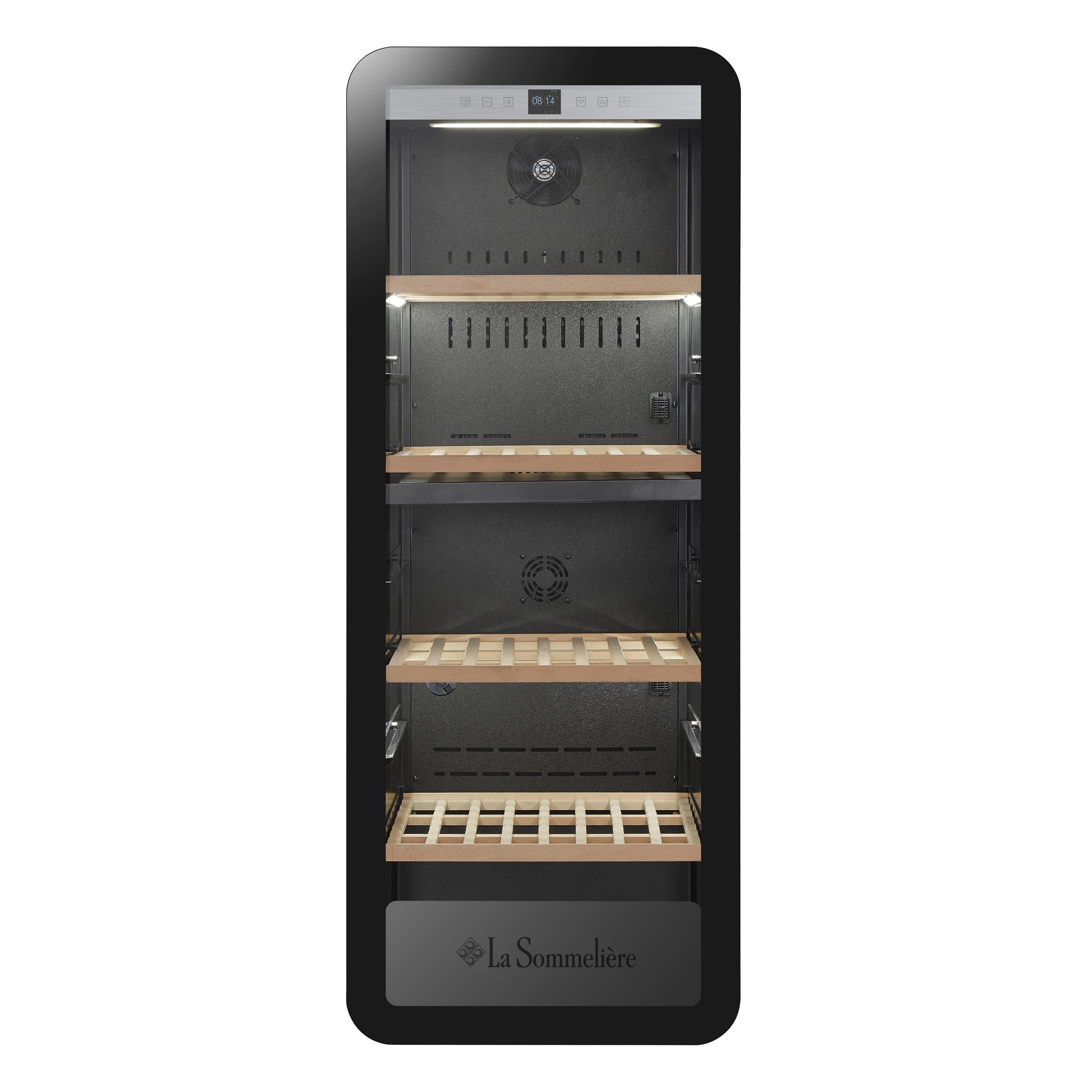 Vista de la Vinoteca 143 botellas La Sommelière APOGEE 145DZ doble zona repleta de botellas en estantes de madera