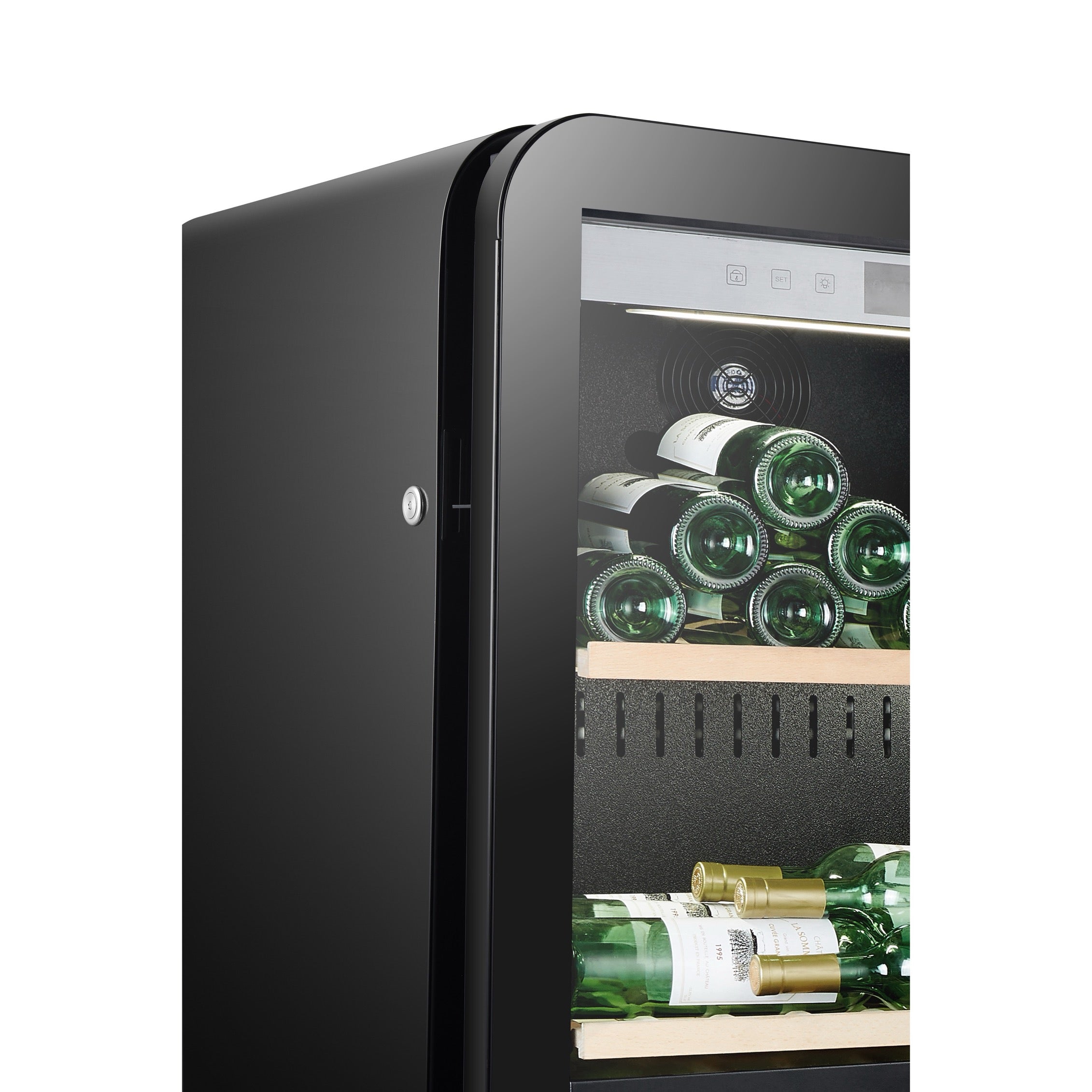 Vista de la Vinoteca 143 botellas La Sommelière APOGEE 145DZ doble zona con estantes de madera llenos de botellas