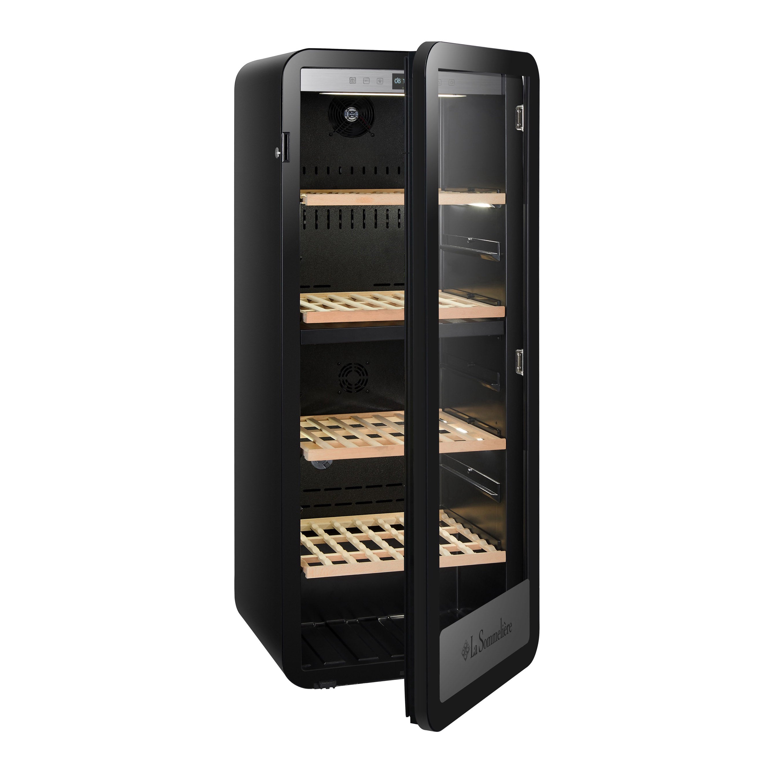 Vista de la Vinoteca 143 botellas La Sommelière APOGEE 145DZ doble zona cargada de botellas de vino tinto y blanco