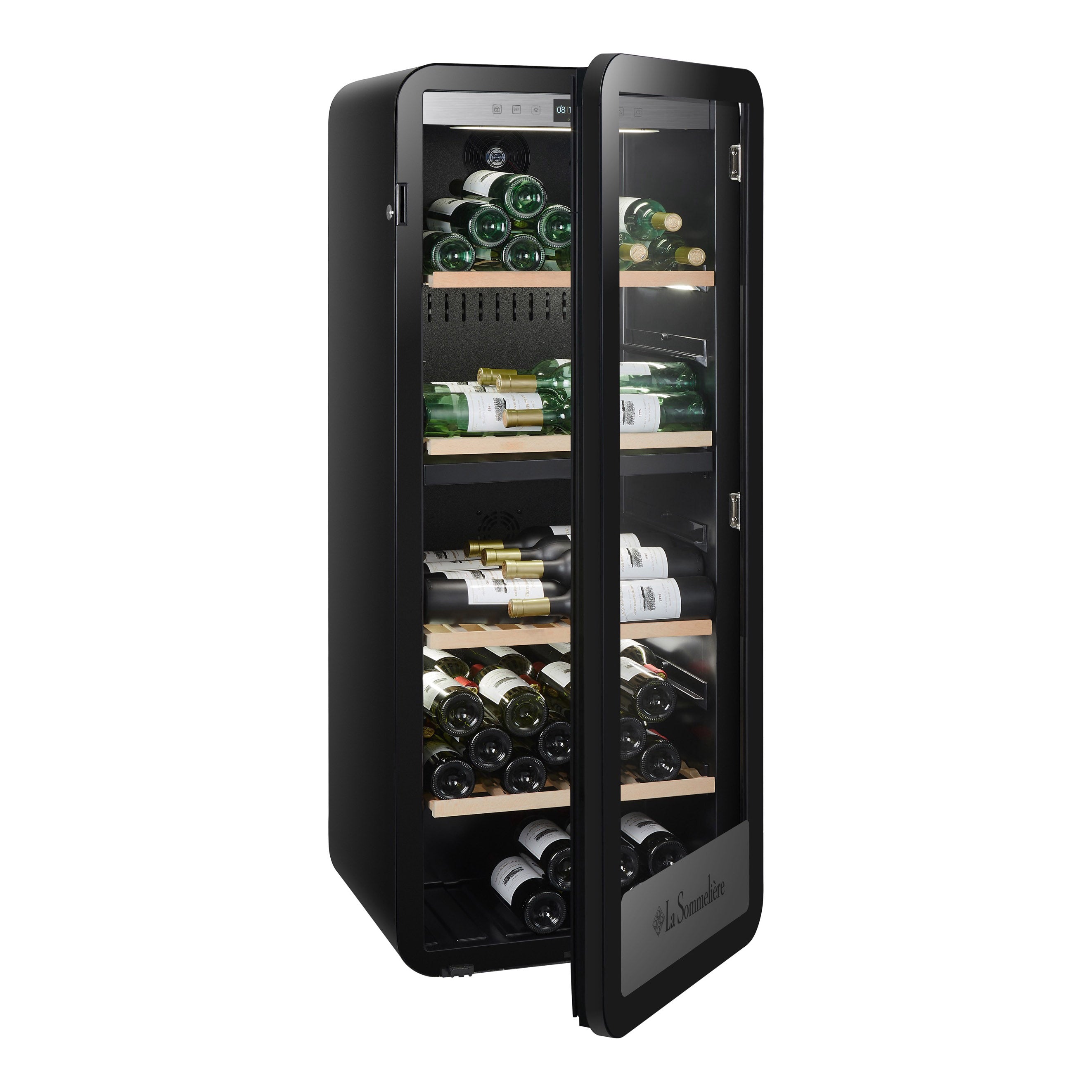 Vista de la Vinoteca 143 botellas La Sommelière APOGEE 145DZ doble zona completamente abastecida con botellas de vino