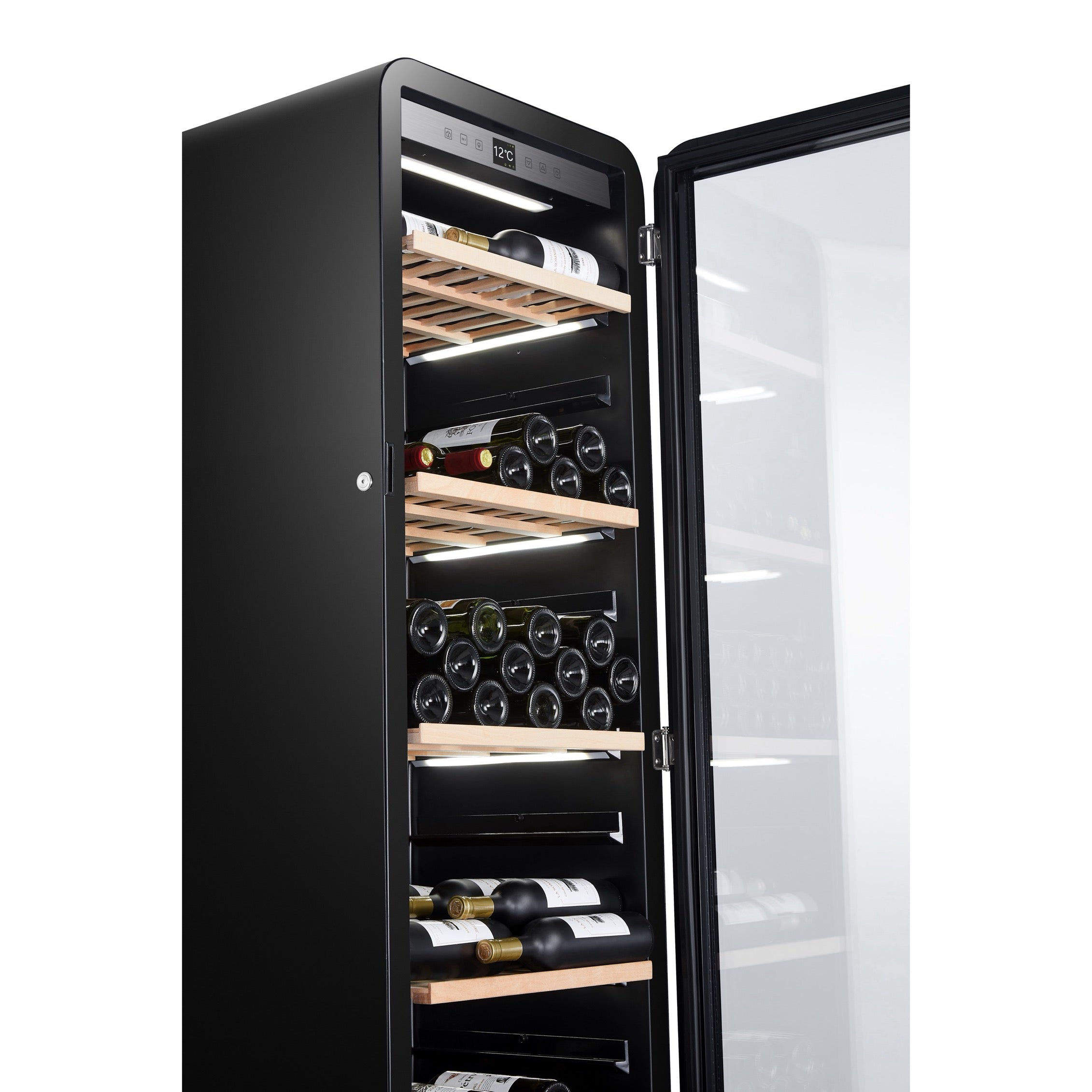 Vista de la Vinoteca 185 botellas La Sommelière APOGEE 200PV cargada de botellas de vino tinto y blanco