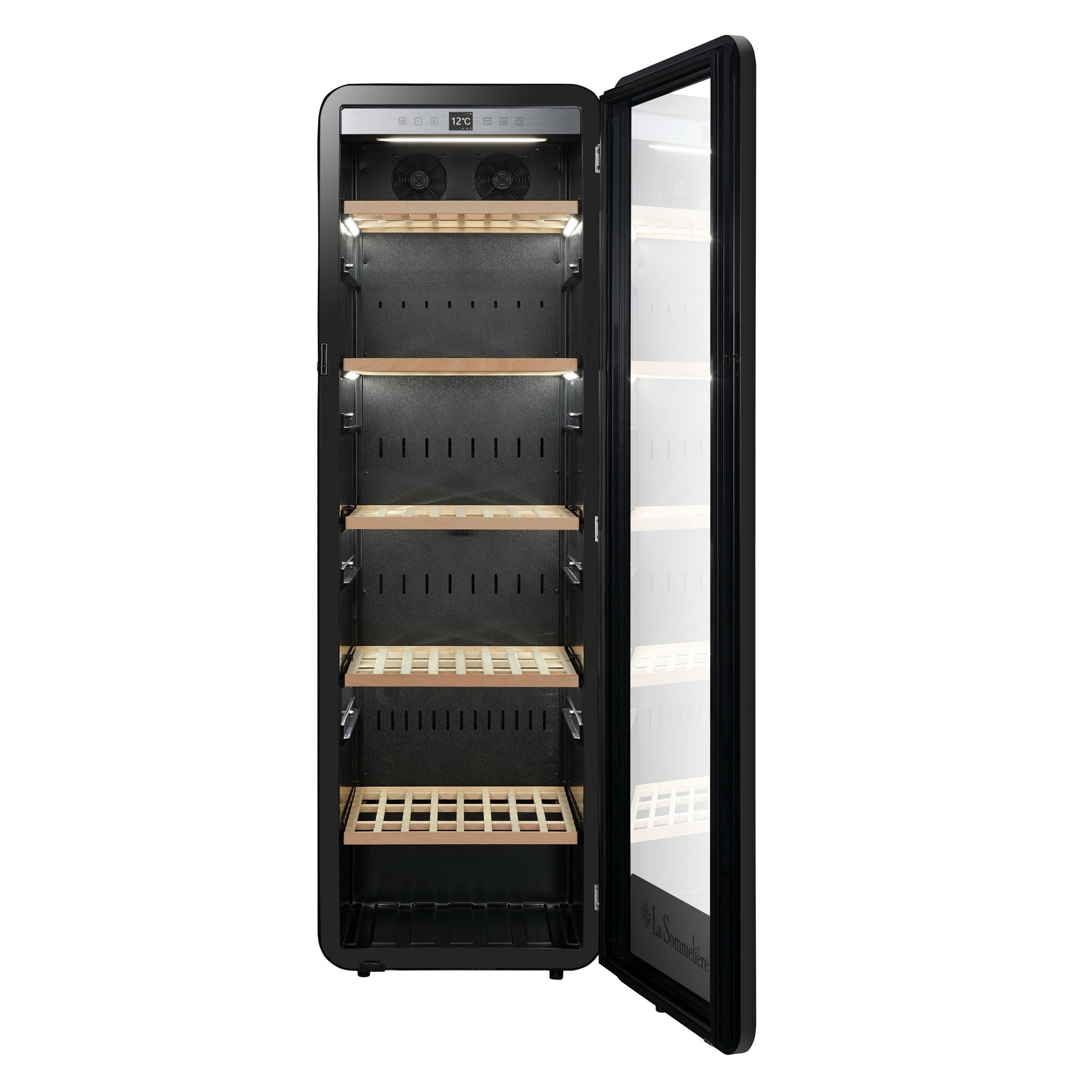 Vista de la Vinoteca 185 botellas La Sommelière APOGEE 200PV completamente abastecida con botellas de vino