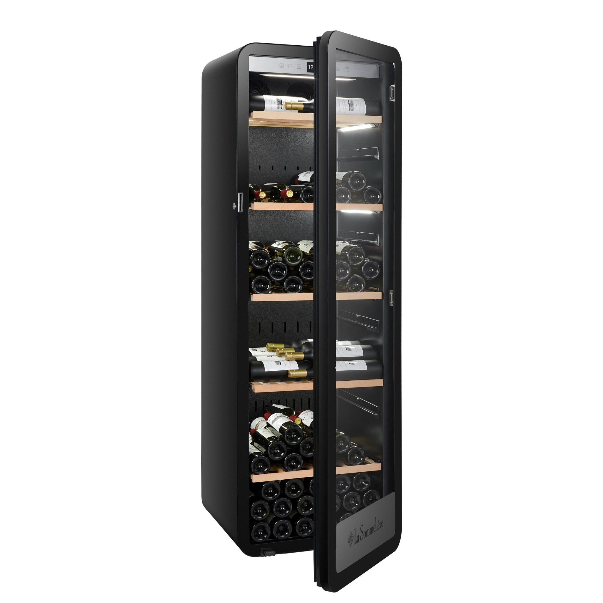 Vista de la Vinoteca 185 botellas La Sommelière APOGEE 200PV con estantes de madera llenos de botellas