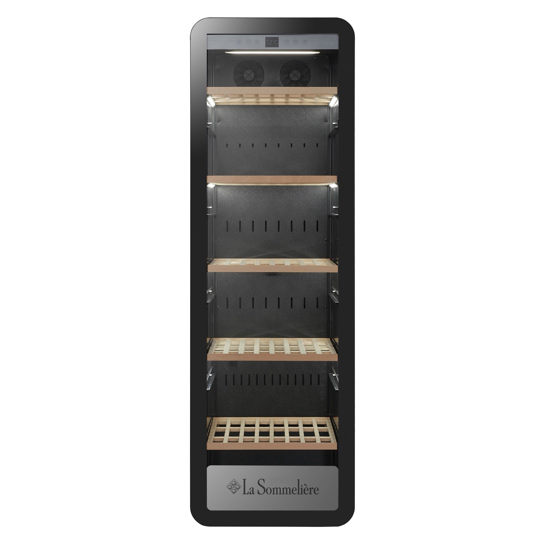 Vista de la Vinoteca 185 botellas La Sommelière APOGEE 200PV completamente abastecida con botellas de vino