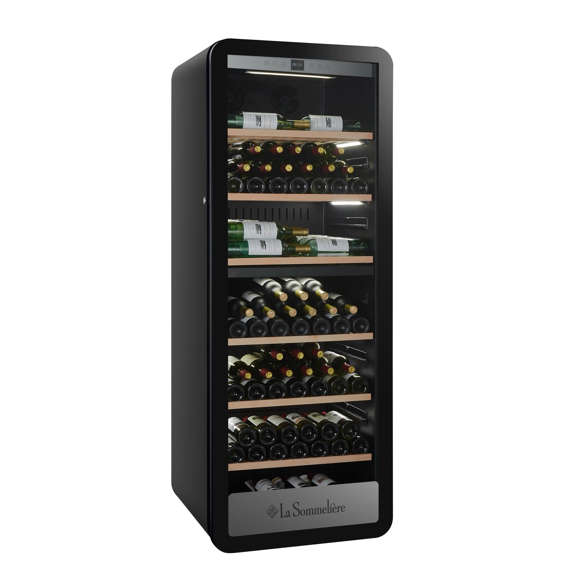 Vista de la Vinoteca 247 botellas La Sommelière APOGEE 250DZ doble zona cargada de botellas de vino tinto y blanco