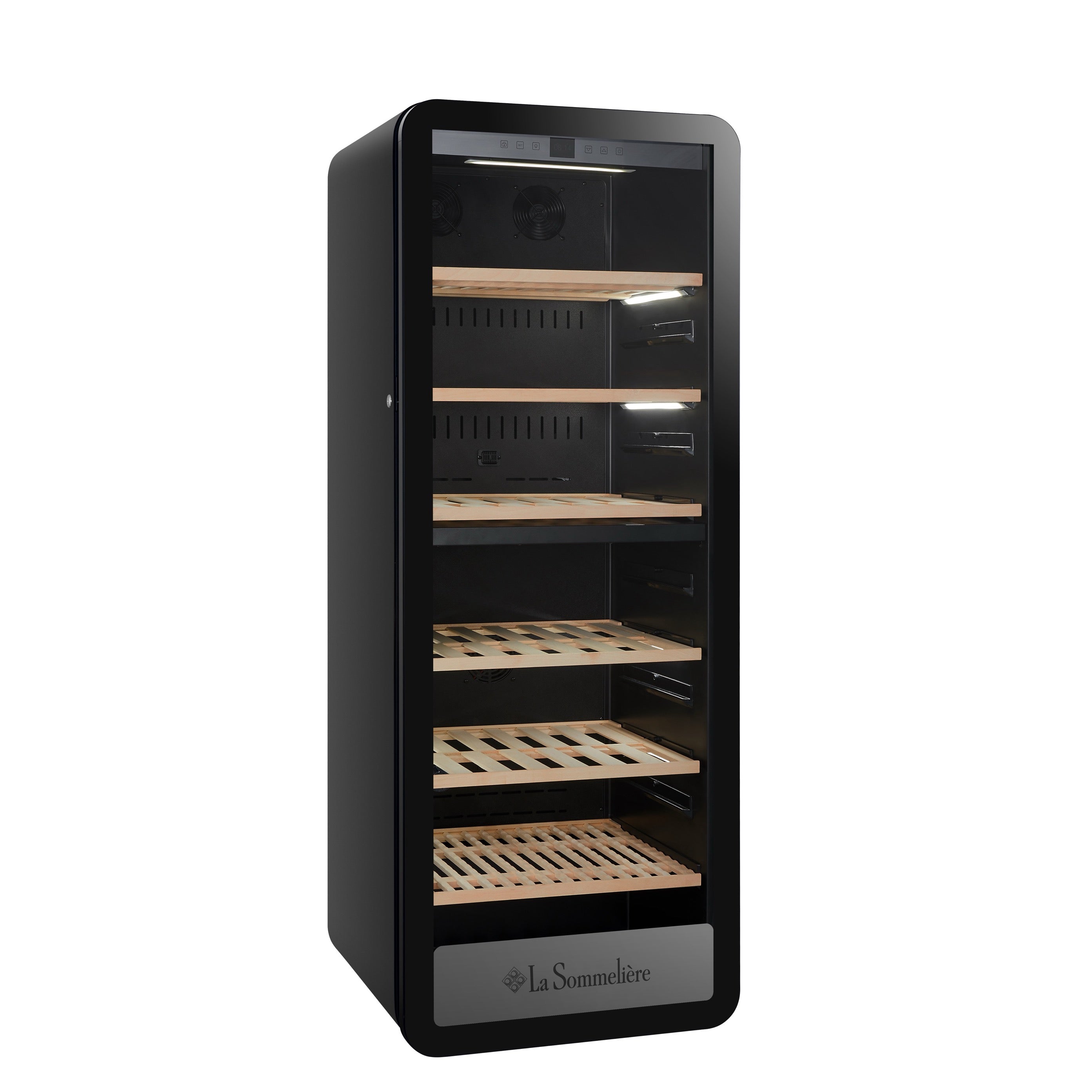 Vista de la Vinoteca 247 botellas La Sommelière APOGEE 250DZ doble zona con estantes de madera llenos de botellas