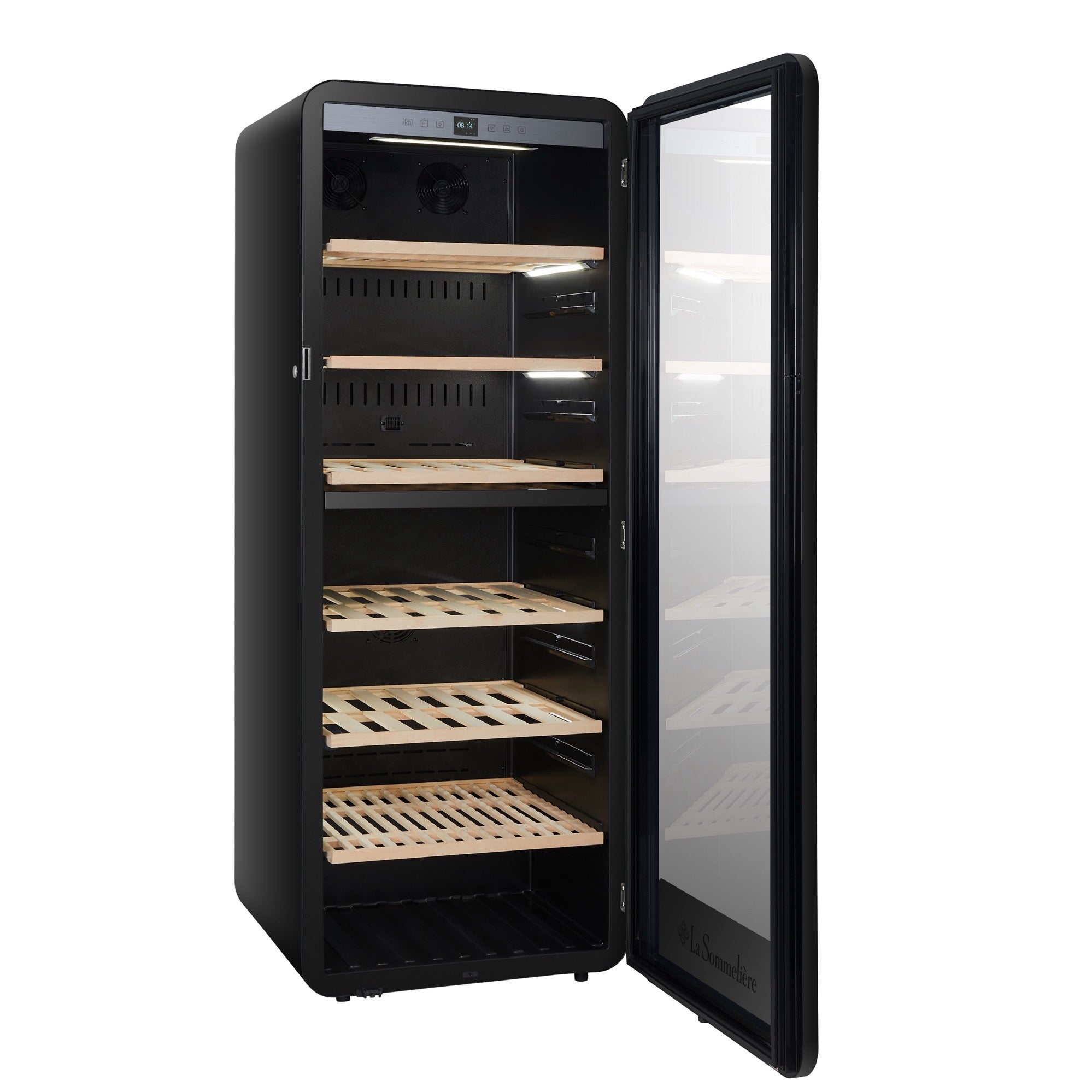 Vista de la Vinoteca 247 botellas La Sommelière APOGEE 250DZ doble zona repleta de botellas en estantes de madera