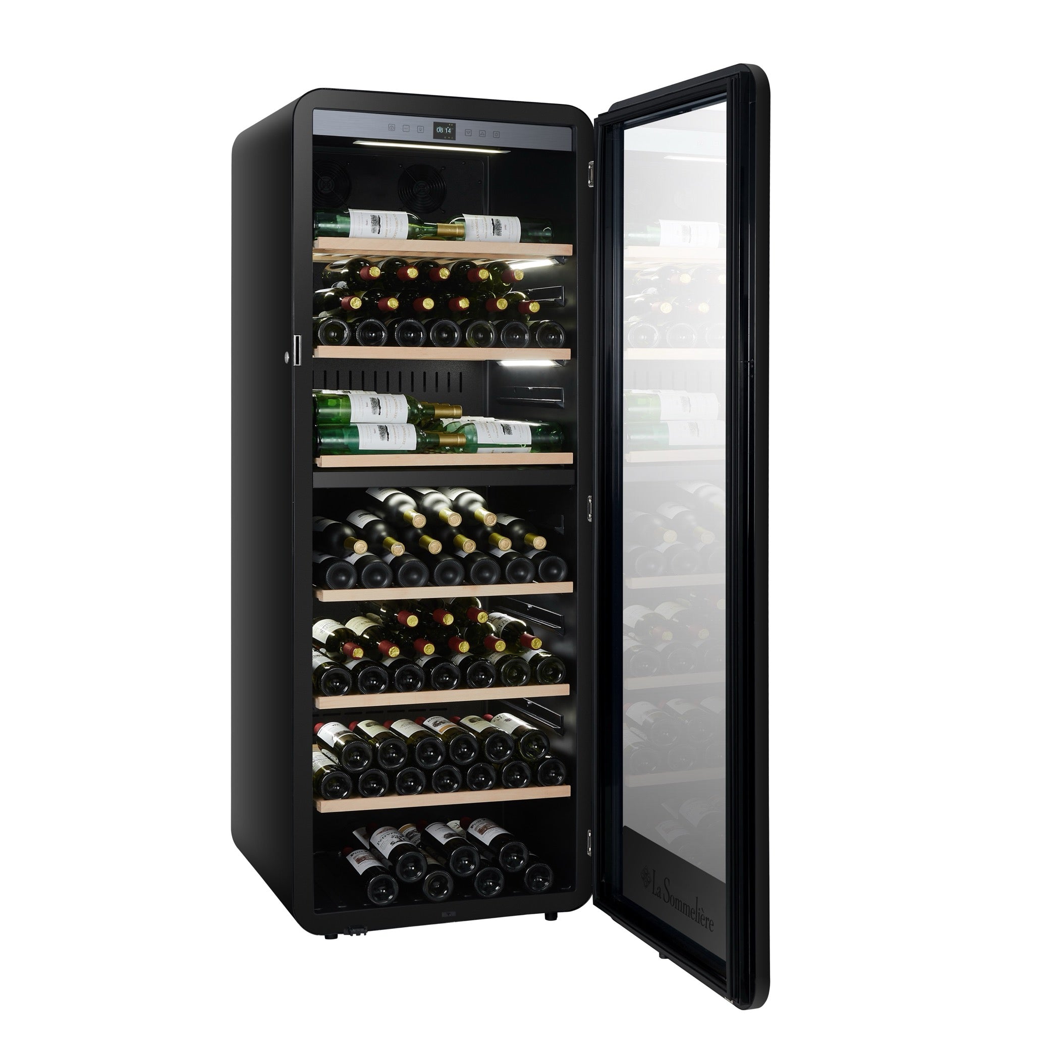 Vista de la Vinoteca 247 botellas La Sommelière APOGEE 250DZ doble zona con estantes de madera llenos de botellas