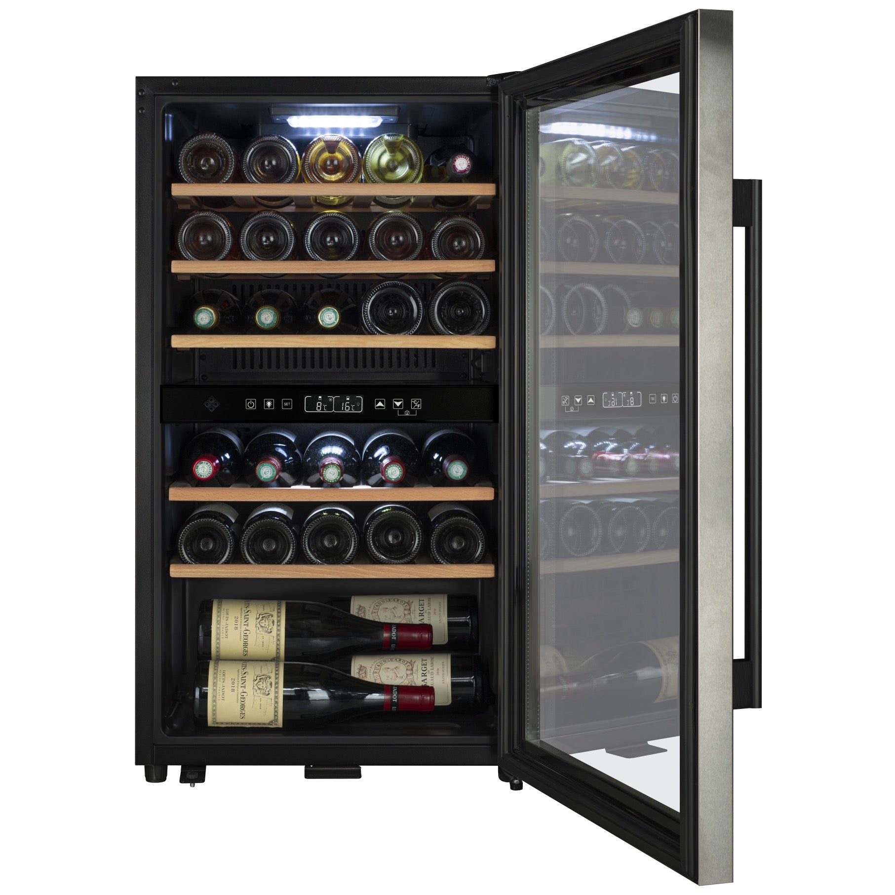 Vista de la Vinoteca 29 botellas La Sommelière ECS31.2Z doble zona repleta de botellas en estantes de madera