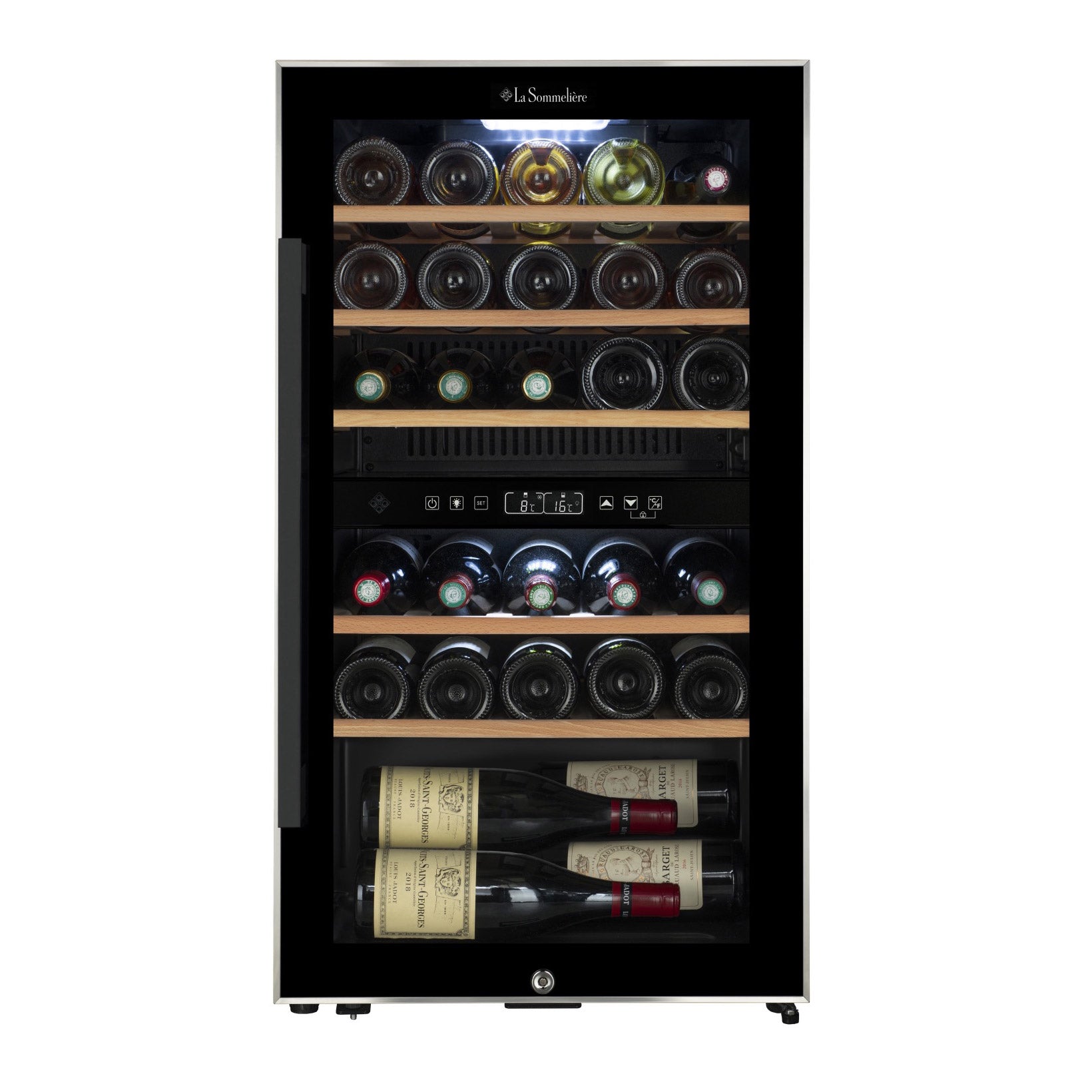 Vista de la Vinoteca 29 botellas La Sommelière ECS31.2Z doble zona con estantes de madera llenos de botellas